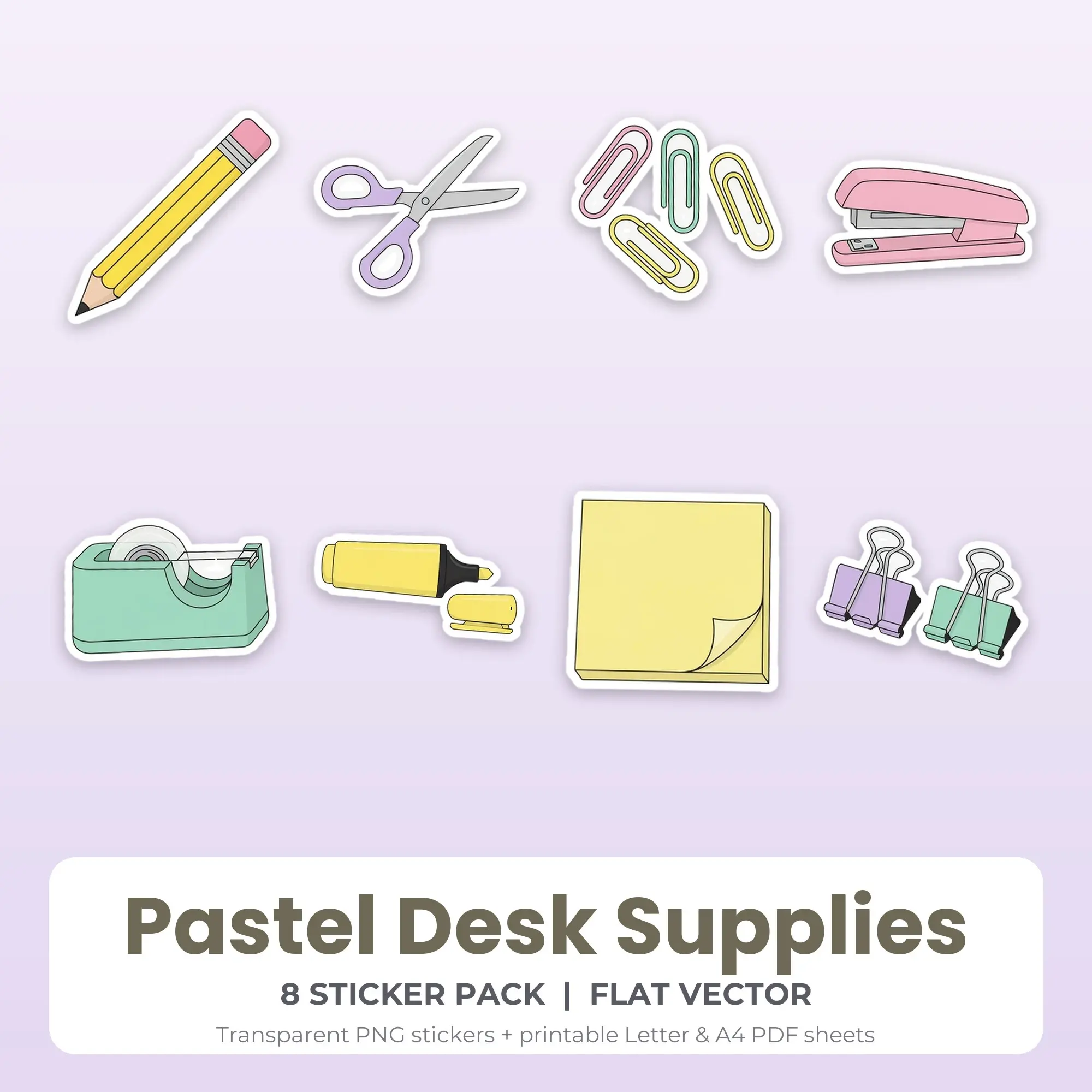 Flat Vector Pastel Desk Supplies Sticker Set - 8 Printable PNG, preview 1 of 2