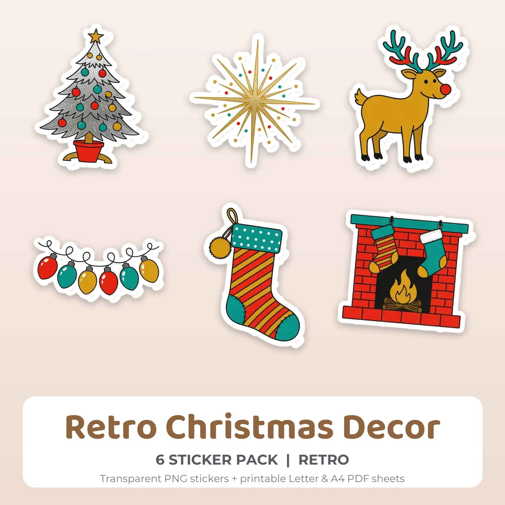 6 Retro Christmas Decor Stickers - Printable Sticker Sheet PDF preview