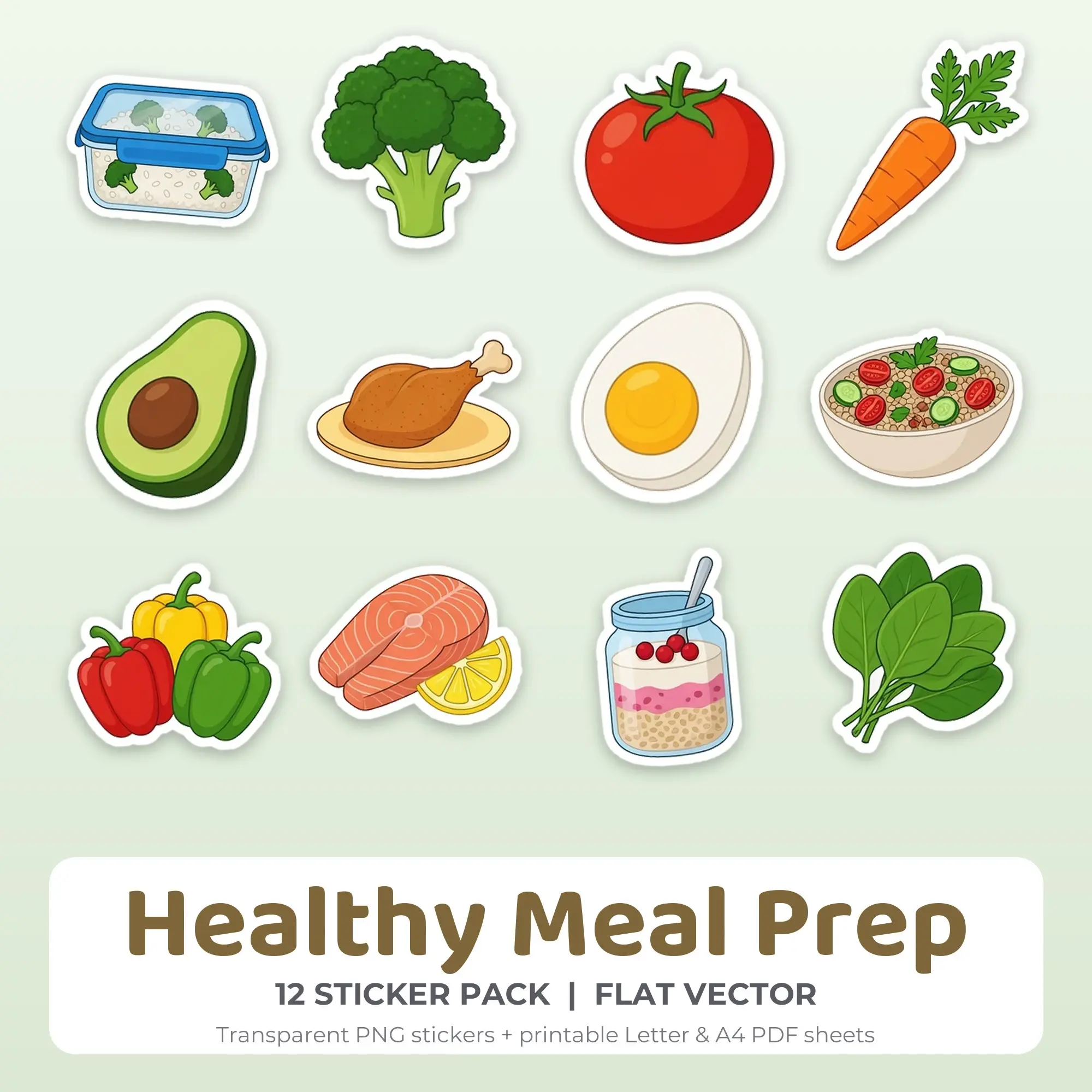 Printable Healthy Meal Prep Sticker Pack, Flat Vector Style - 12 PNG preview