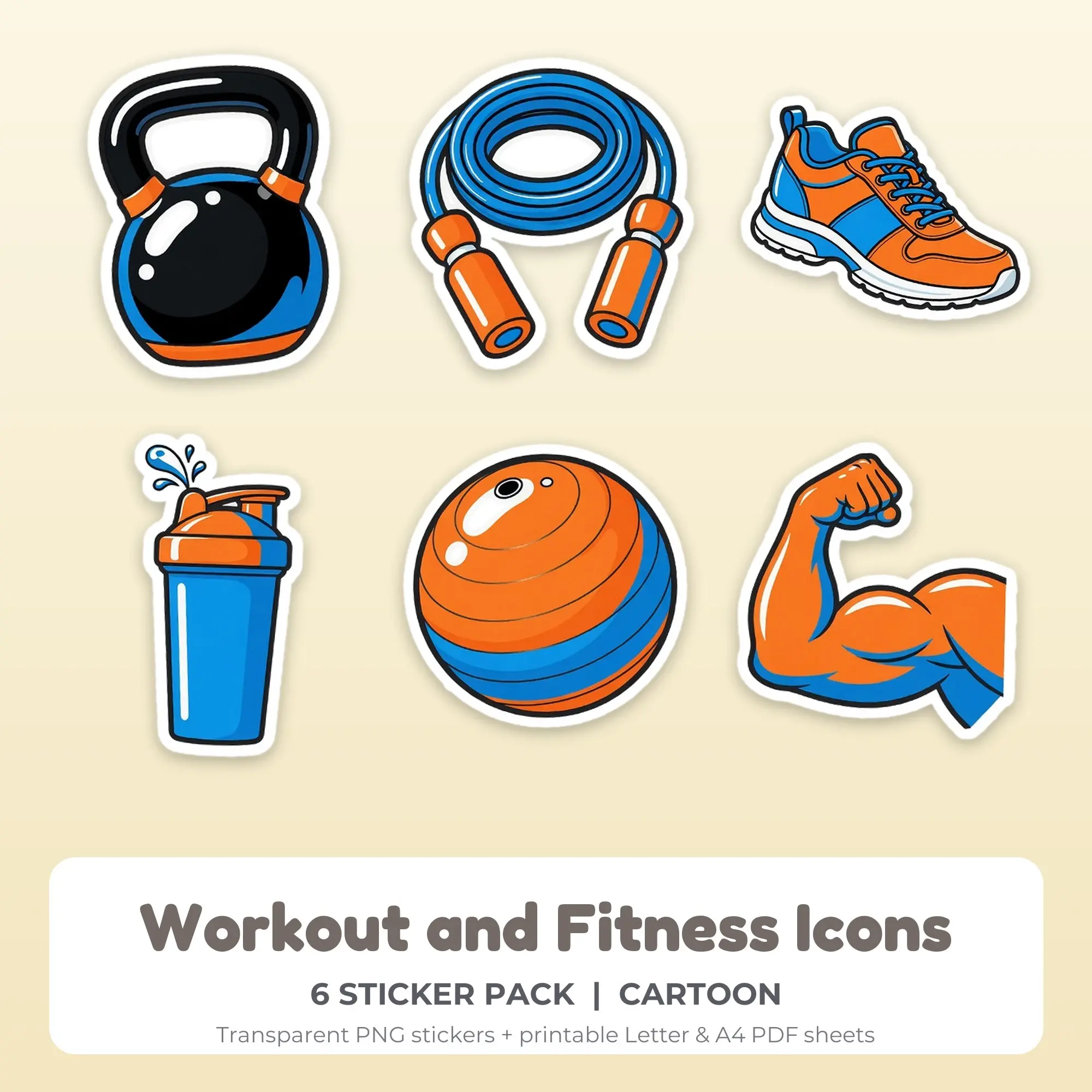 Workout and Fitness Icons Printable Stickers - 6 Die-Cut PNG + PDF, preview 1 of 2