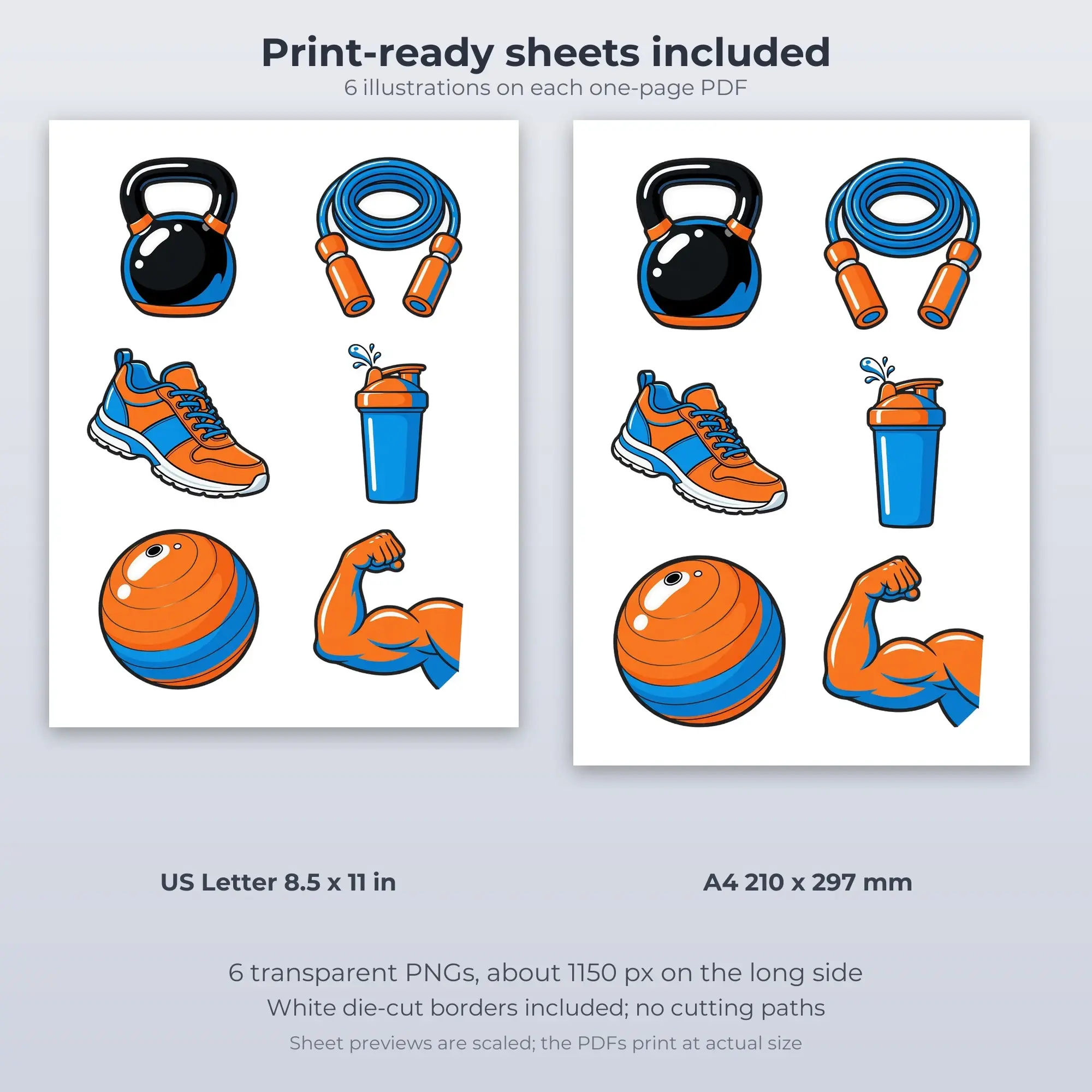 Workout and Fitness Icons Printable Stickers - 6 Die-Cut PNG + PDF, preview 2 of 2