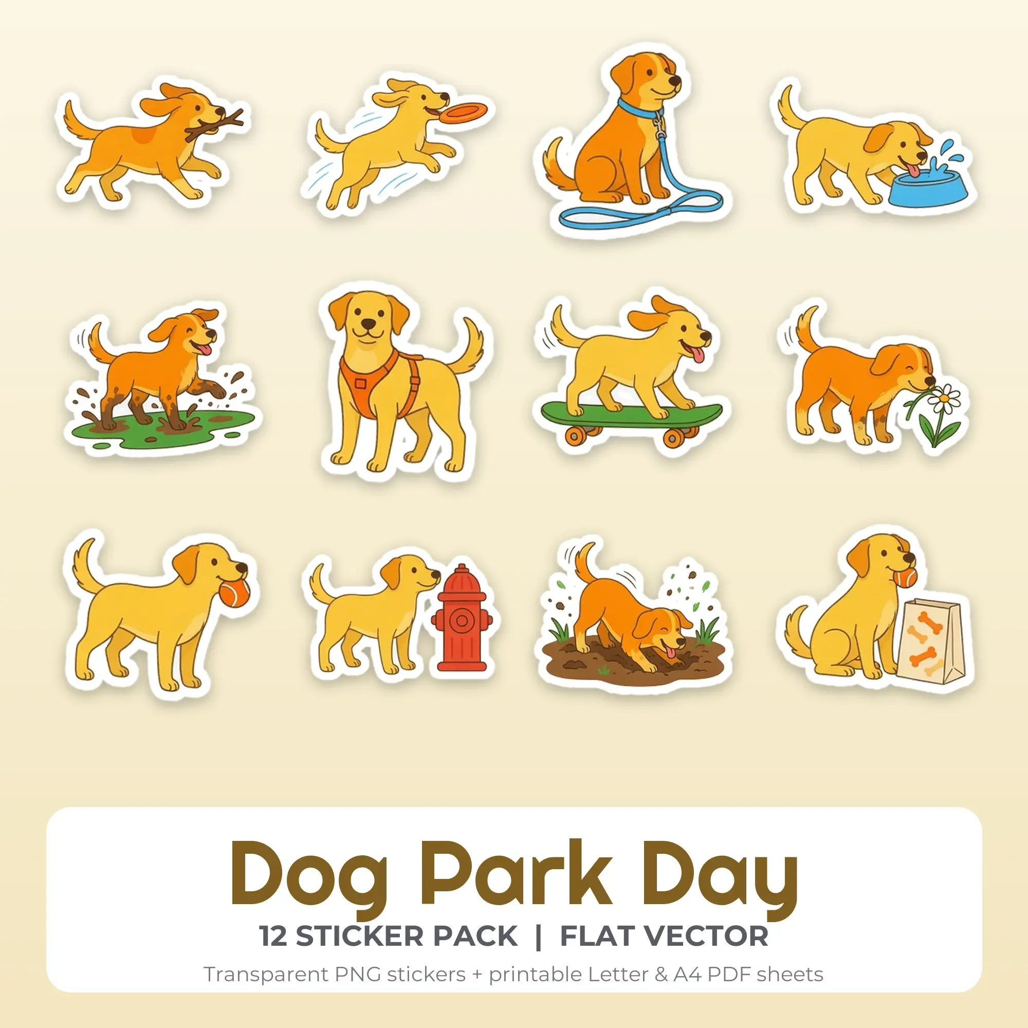 Dog Park Day Stickers, 12 PNG + Printable PDF Sheet preview