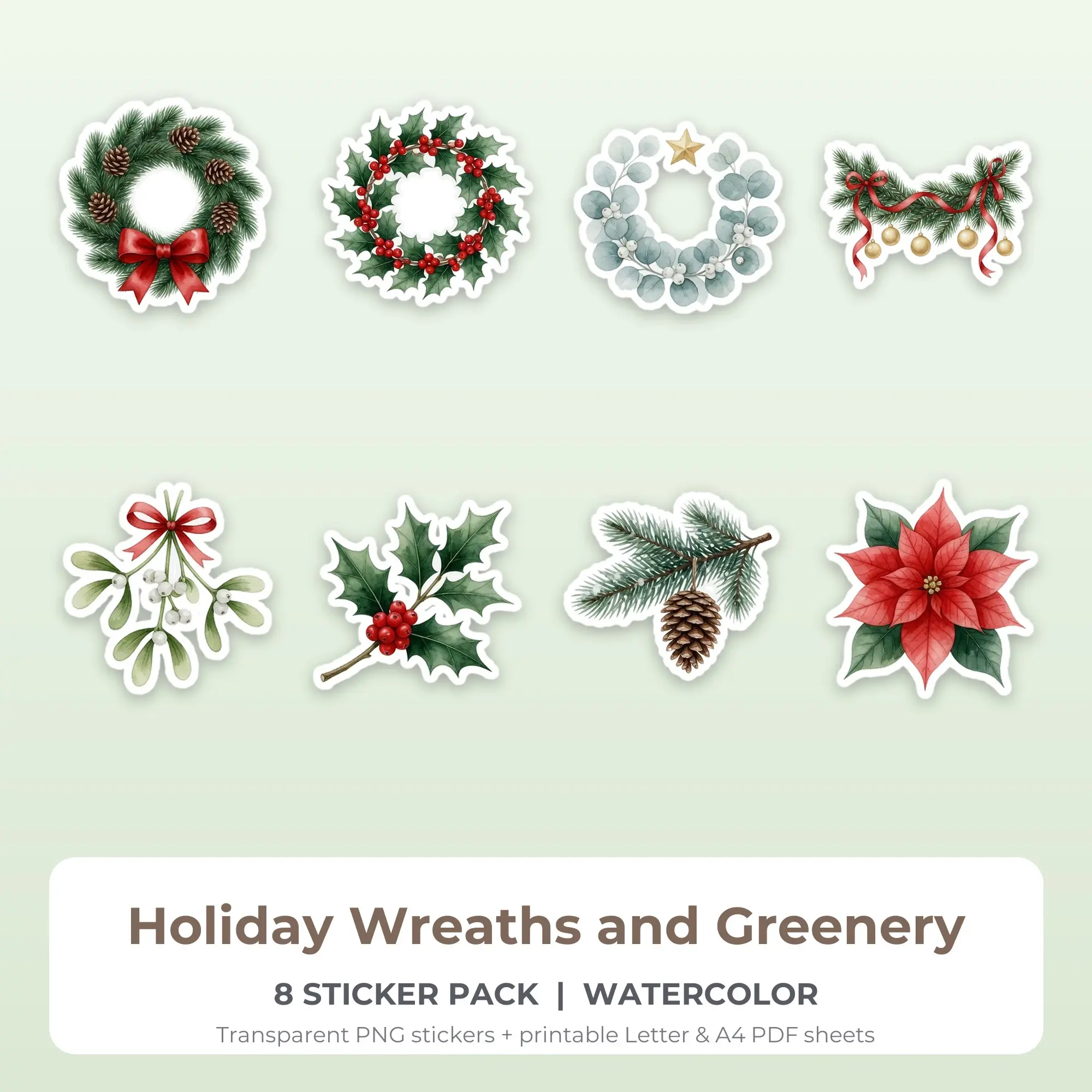 8 Holiday Wreaths and Greenery Stickers - Printable Sticker Sheet PDF preview