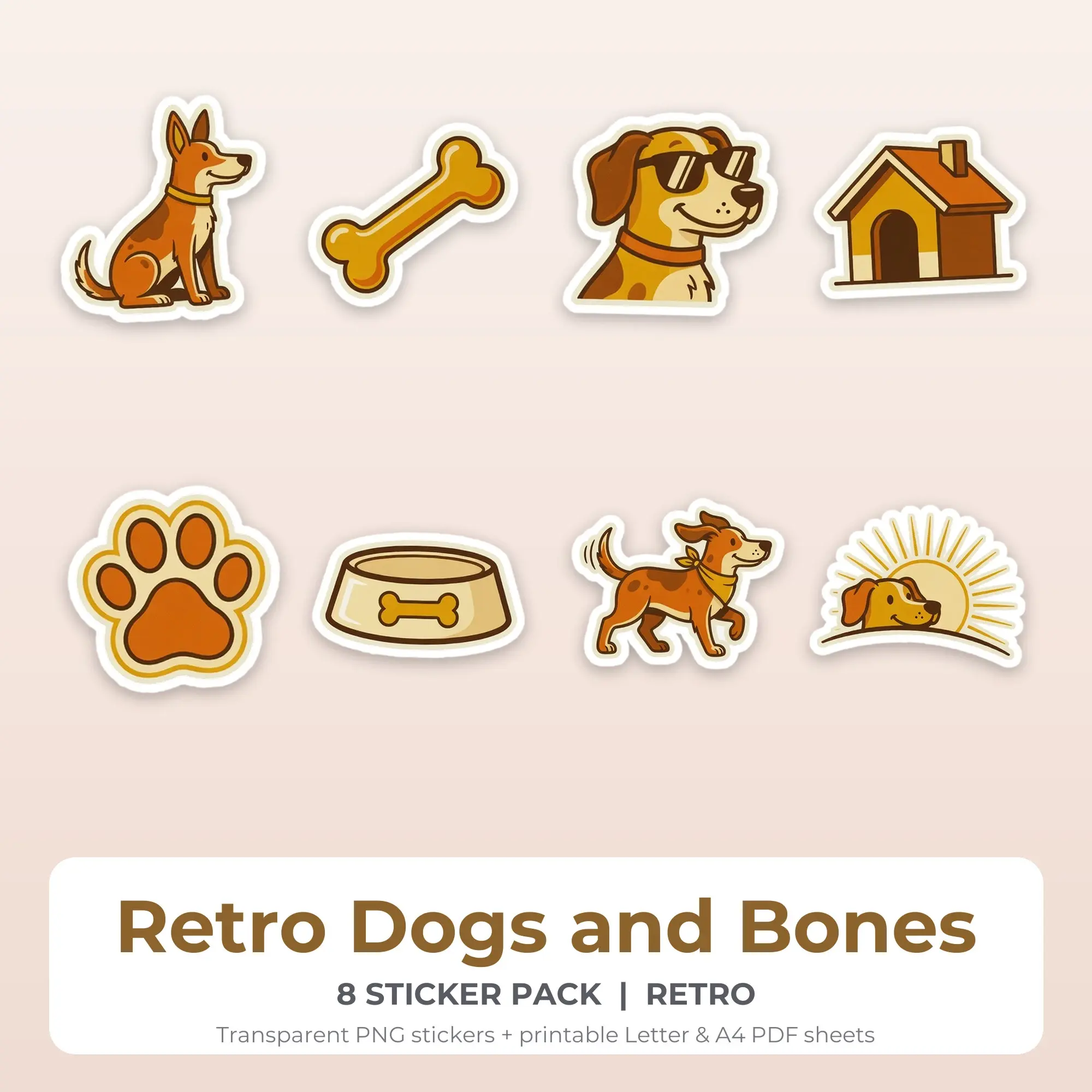 Retro Dogs and Bones Sticker Pack - 8 Printable Stickers preview