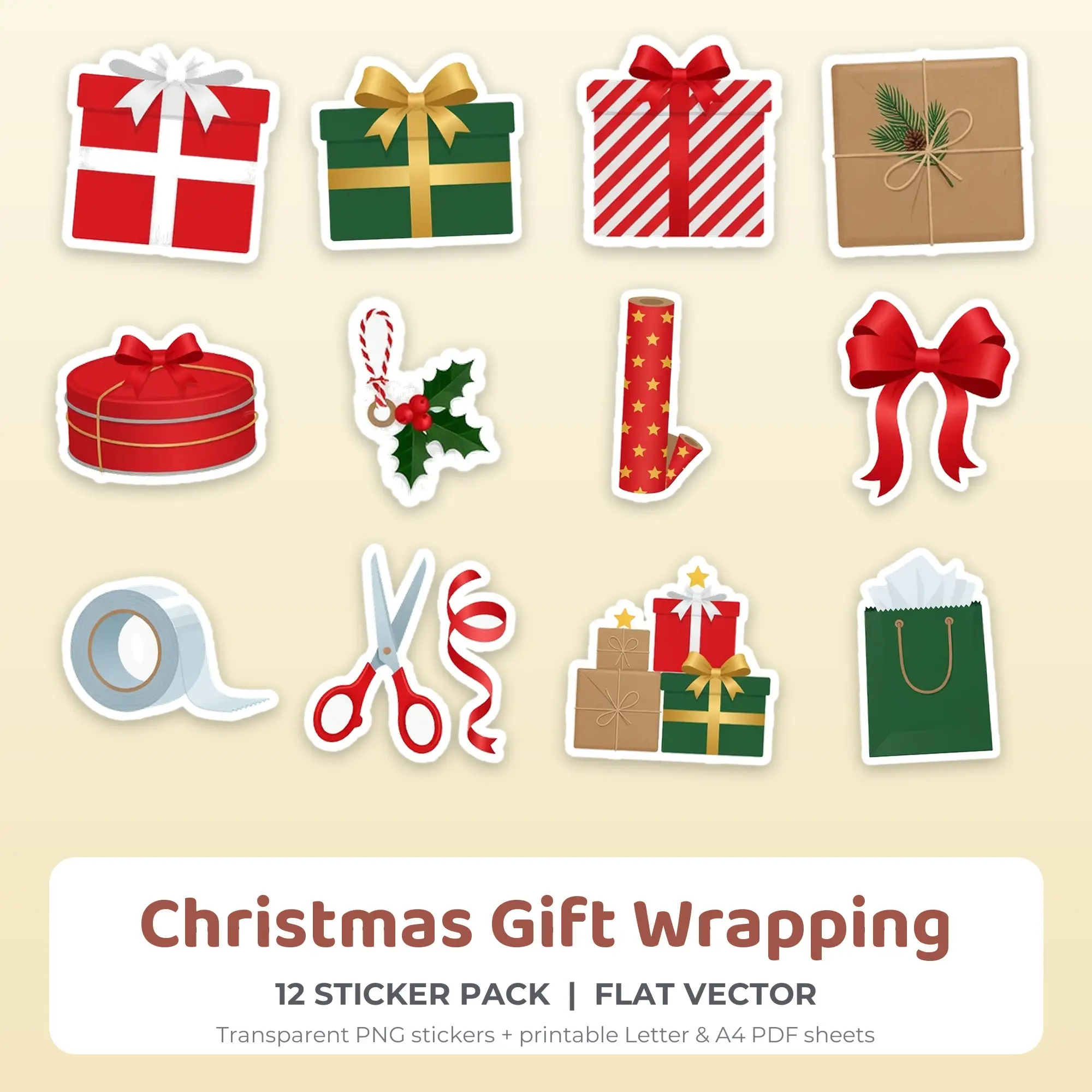 Christmas Gift Wrapping Stickers, 12 PNG + Printable PDF Sheet preview