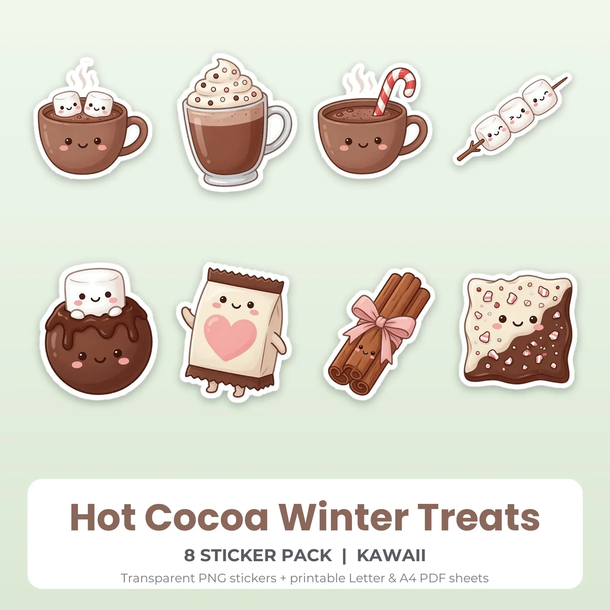 Kawaii Hot Cocoa Winter Treats Sticker Set - 8 Printable PNG preview