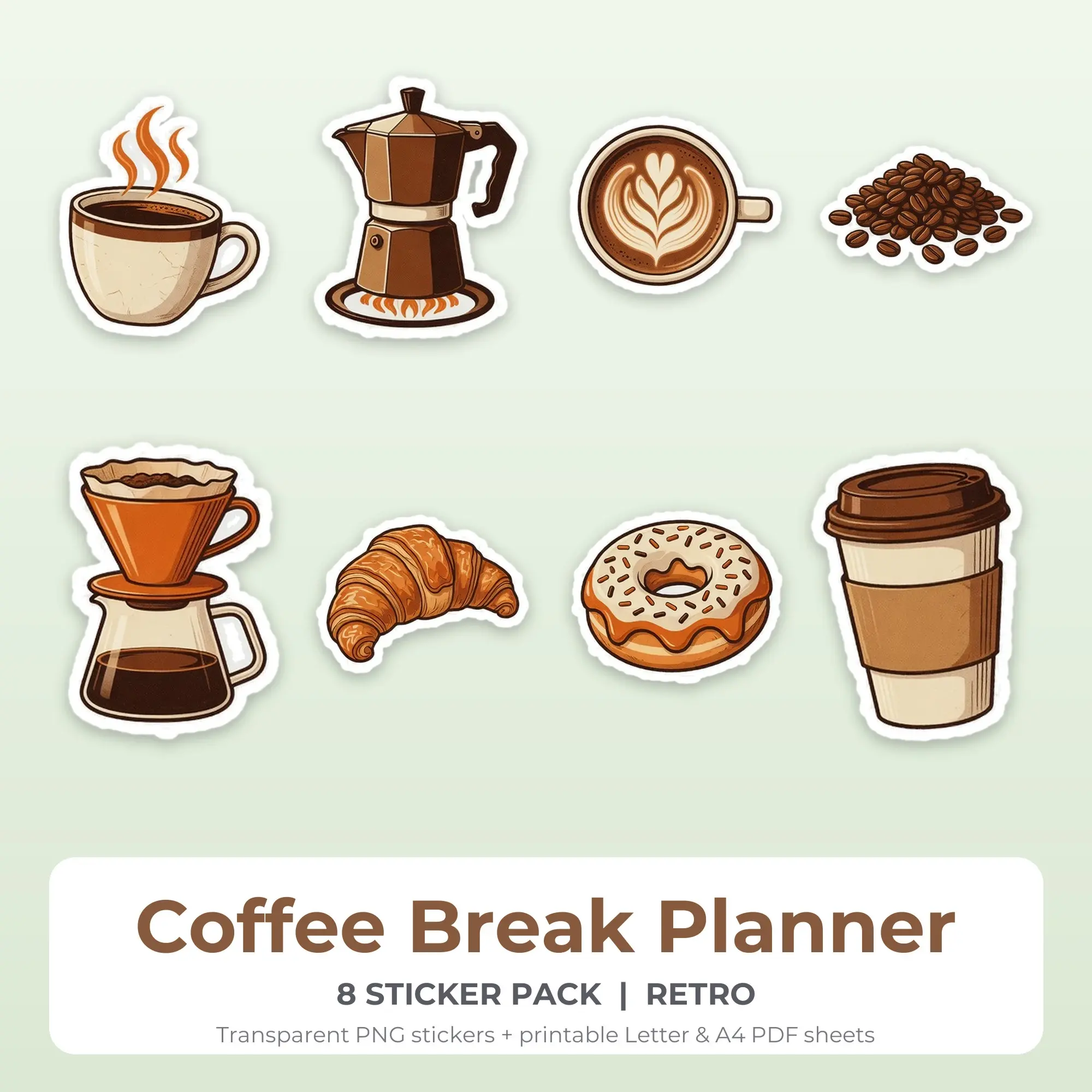Coffee Break Planner Printable Stickers - 8 Die-Cut PNG + PDF preview