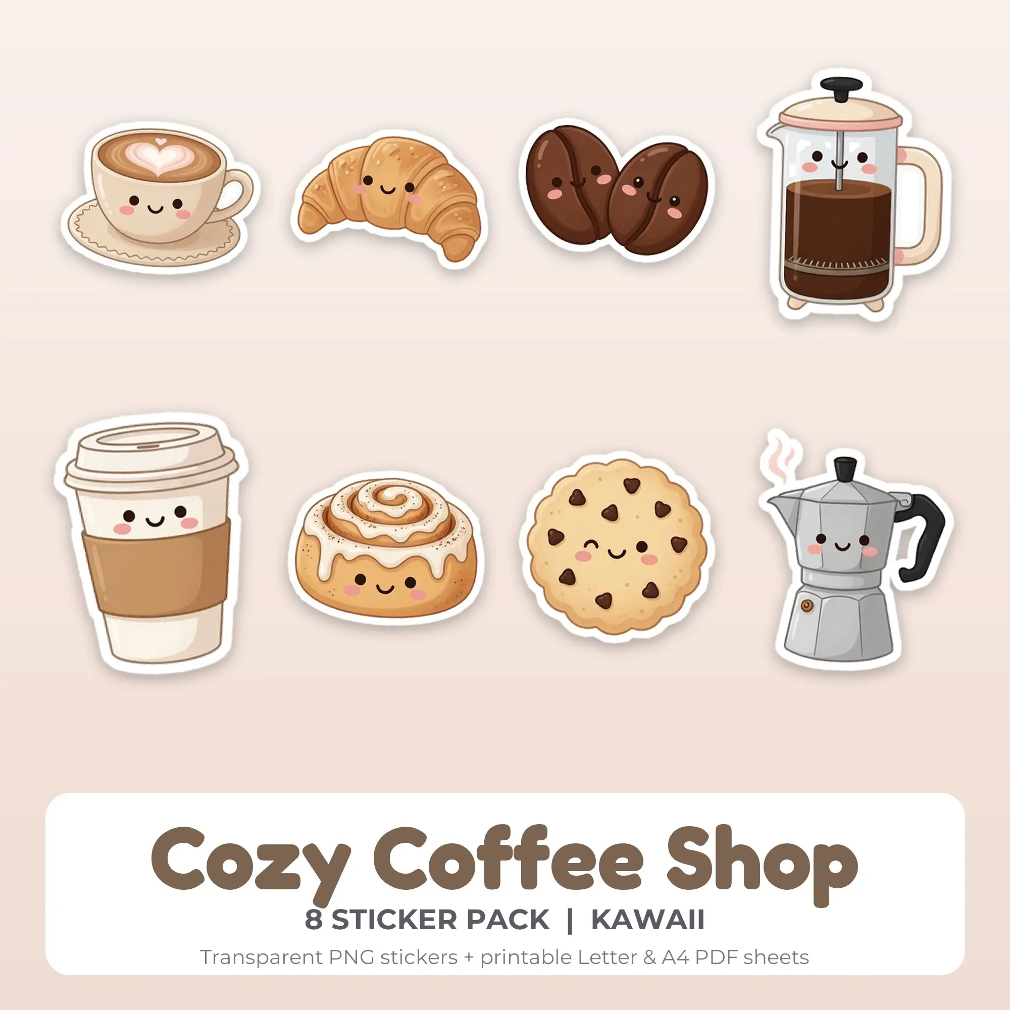Cozy Coffee Shop Sticker Pack - 8 Printable Stickers preview