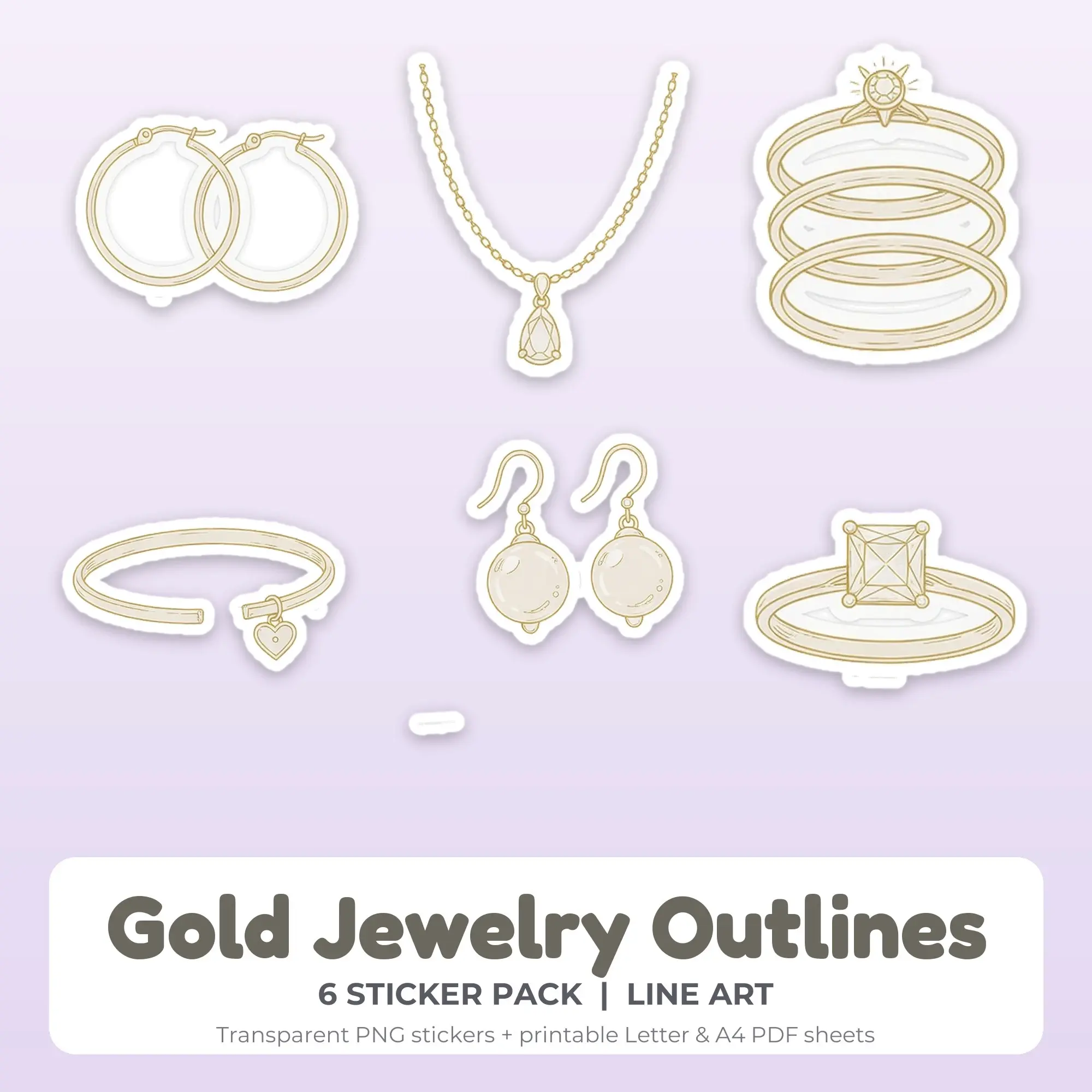 Gold Jewelry Outlines Sticker Pack - 6 Printable Stickers preview
