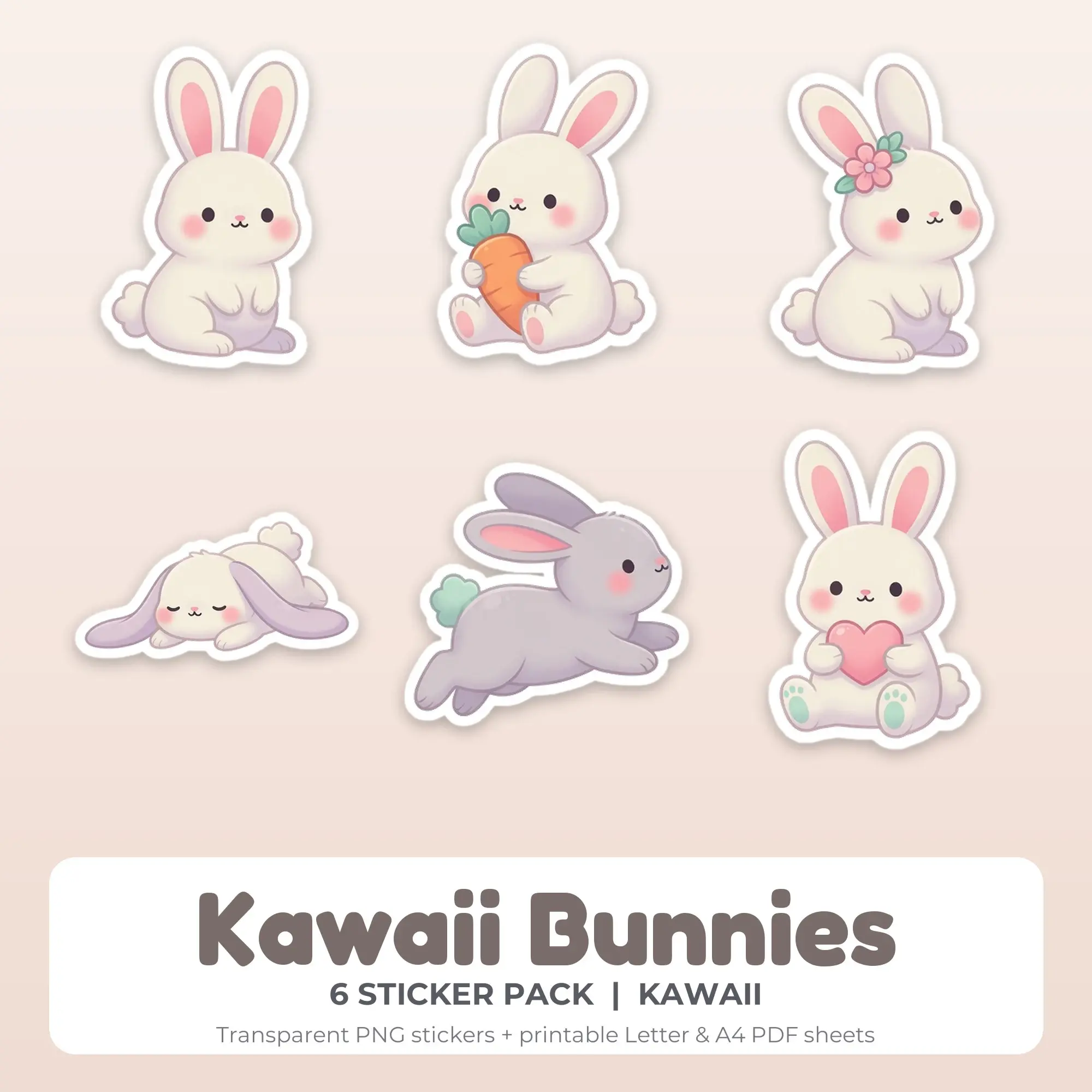 6 Kawaii Bunnies Stickers - Printable Sticker Sheet PDF preview