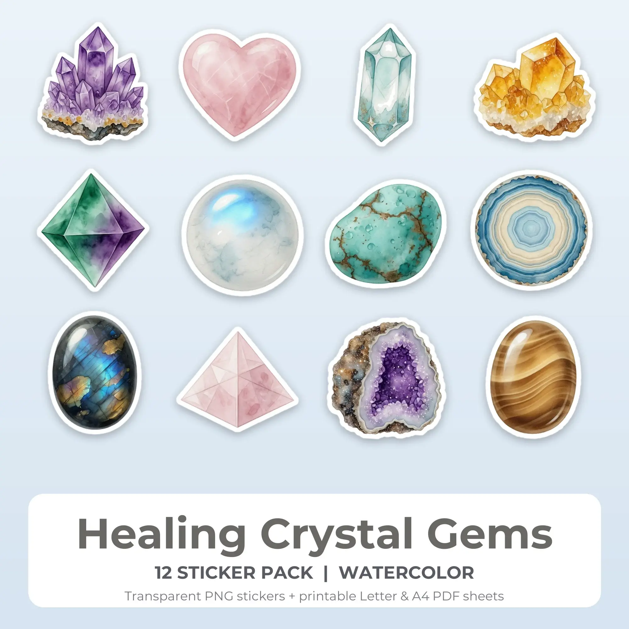 Watercolor Healing Crystal Gems Sticker Set - 12 Printable PNG preview