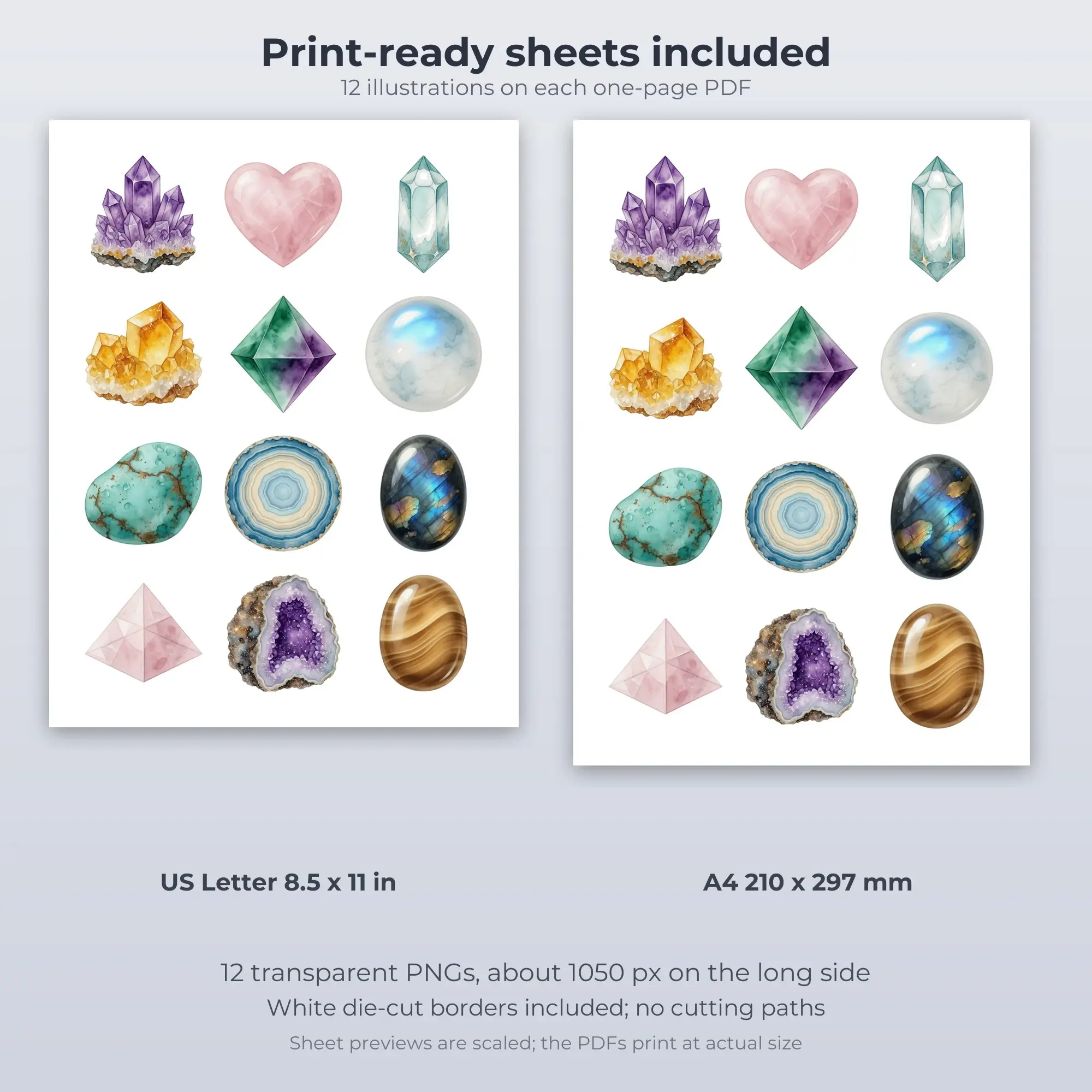 Watercolor Healing Crystal Gems Sticker Set - 12 Printable PNG, preview 2 of 2