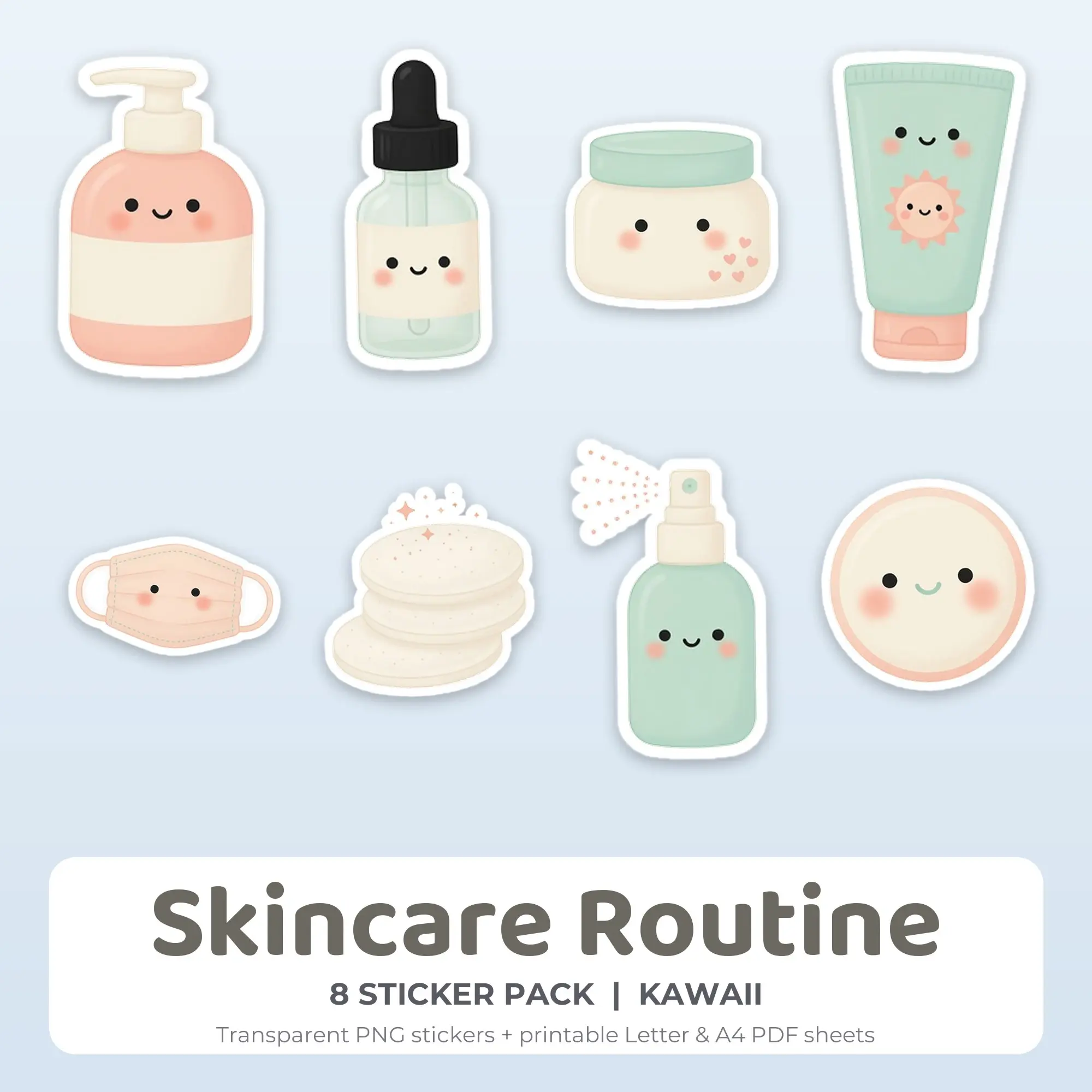 8 Skincare Routine Stickers - Printable Sticker Sheet PDF preview