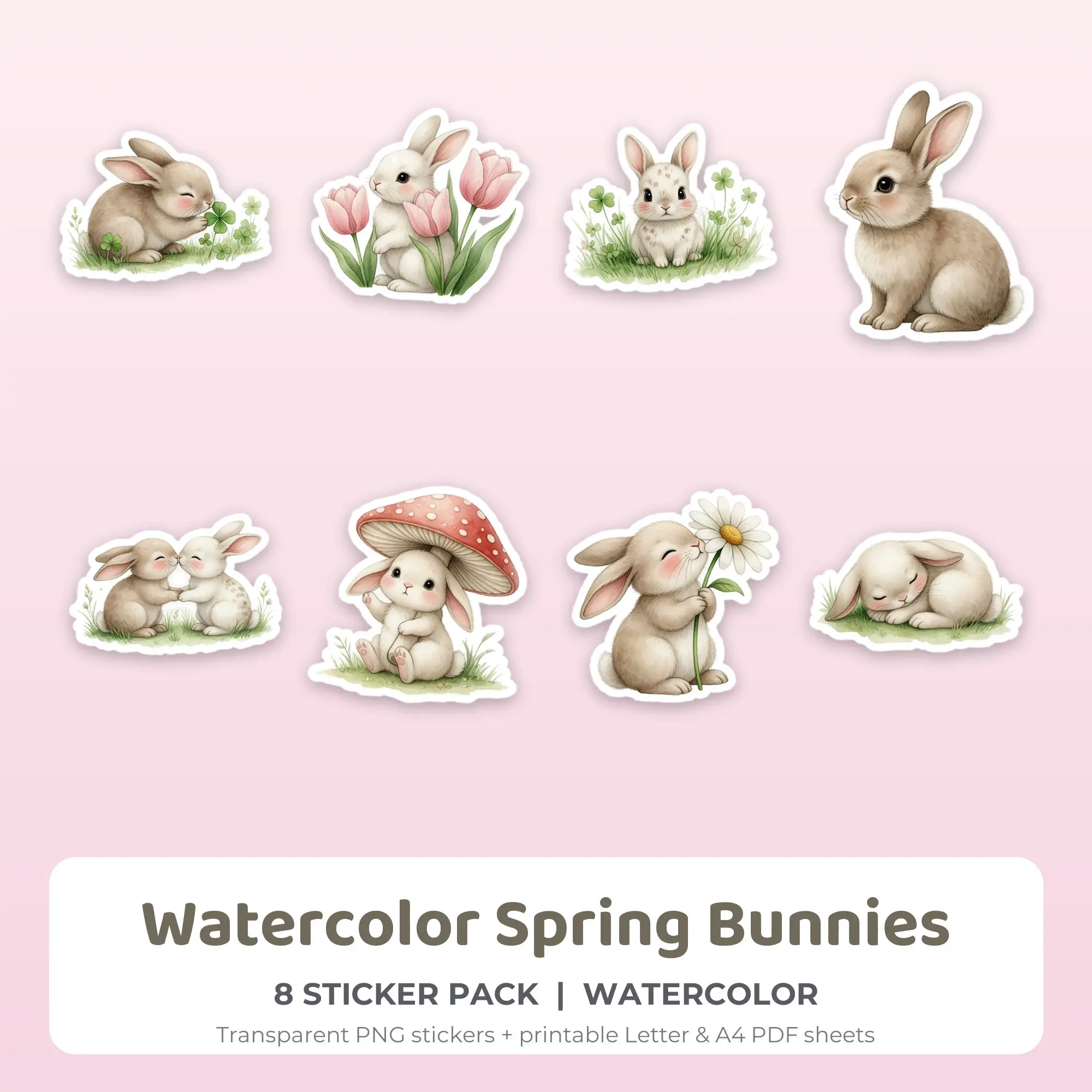 Watercolor Spring Bunnies Sticker Pack - 8 Printable Stickers preview