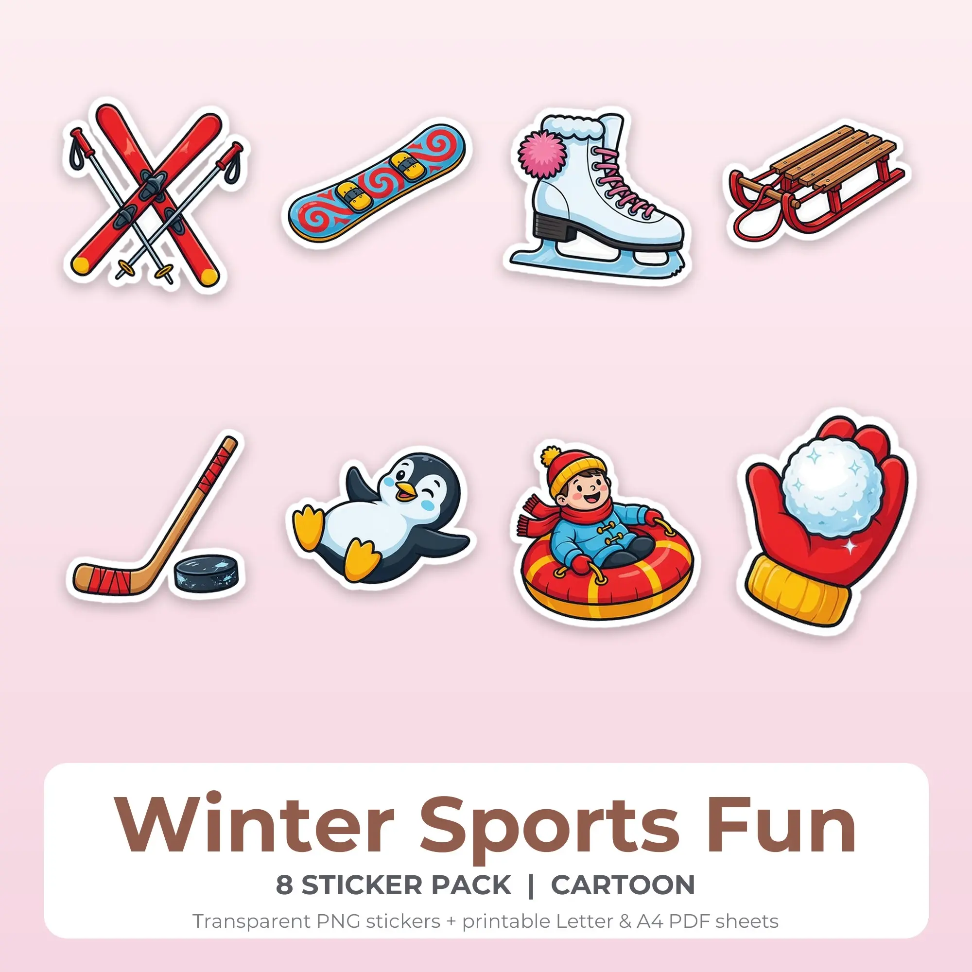 8 Winter Sports Fun Stickers - Printable Sticker Sheet PDF preview
