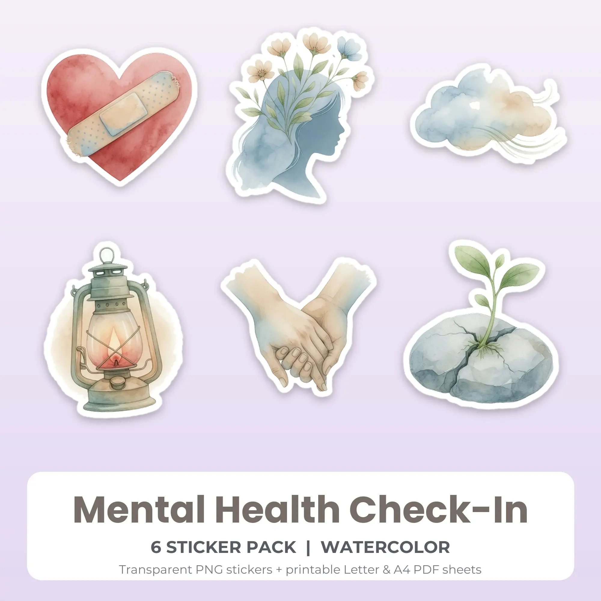 Mental Health Check-In Printable Stickers - 6 Die-Cut PNG + PDF, preview 1 of 2