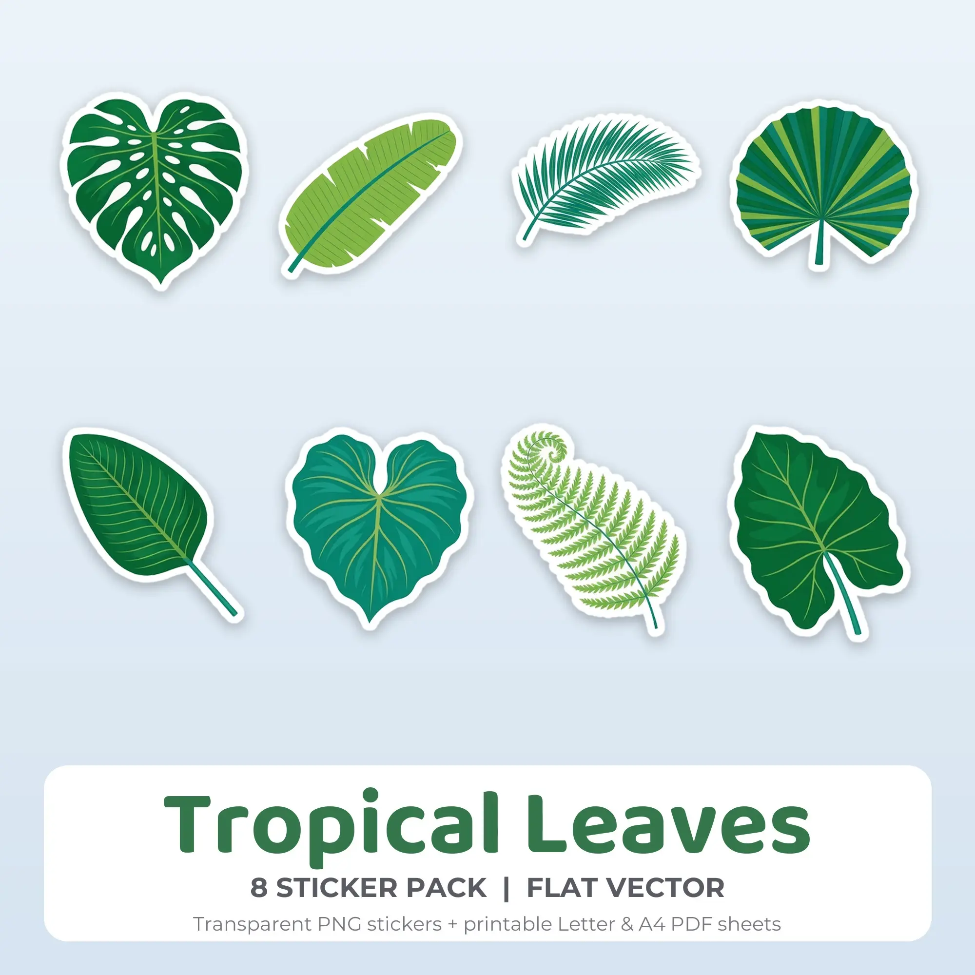 Tropical Leaves Printable Stickers - 8 Die-Cut PNG + PDF preview