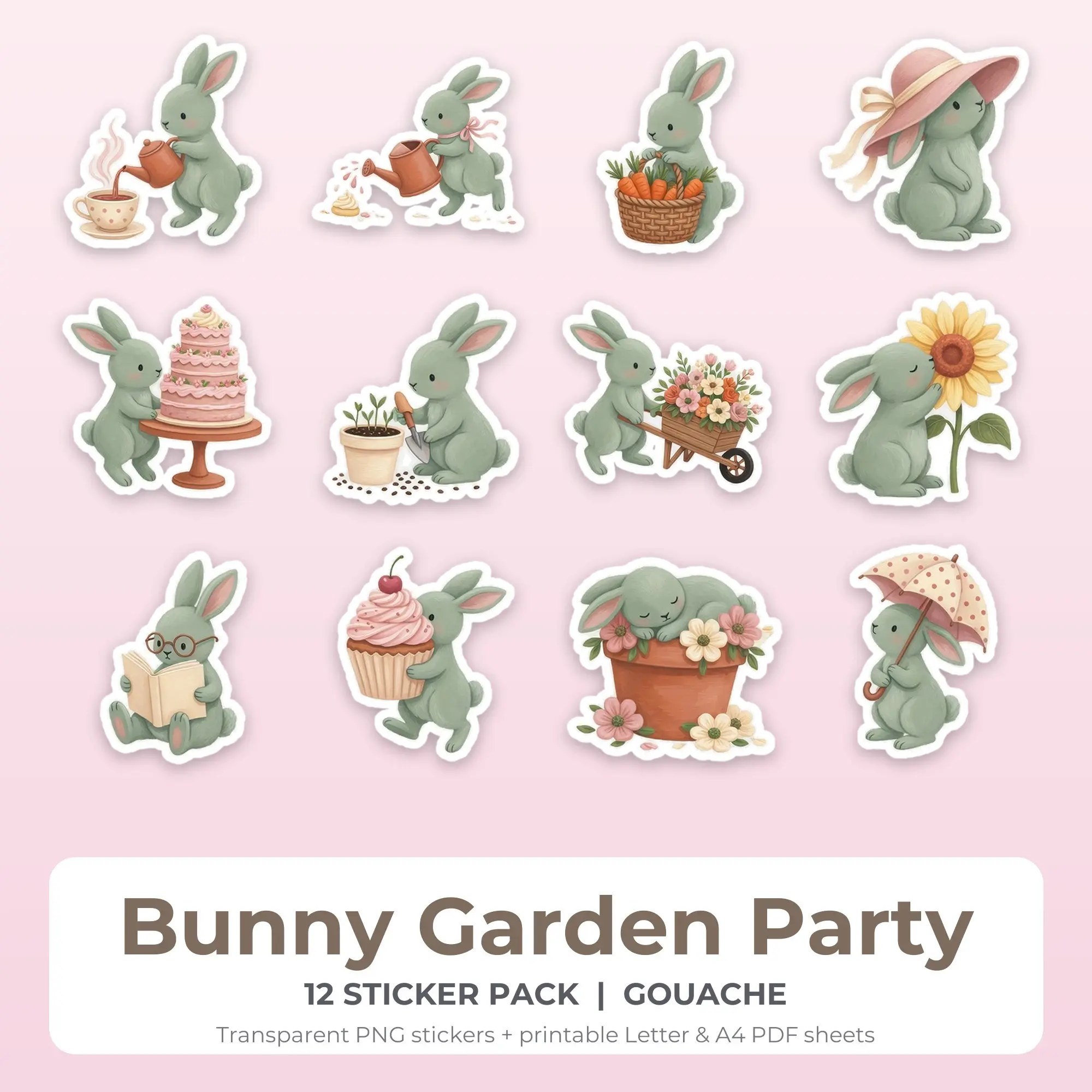 Gouache Bunny Garden Party Sticker Set - 12 Printable PNG preview