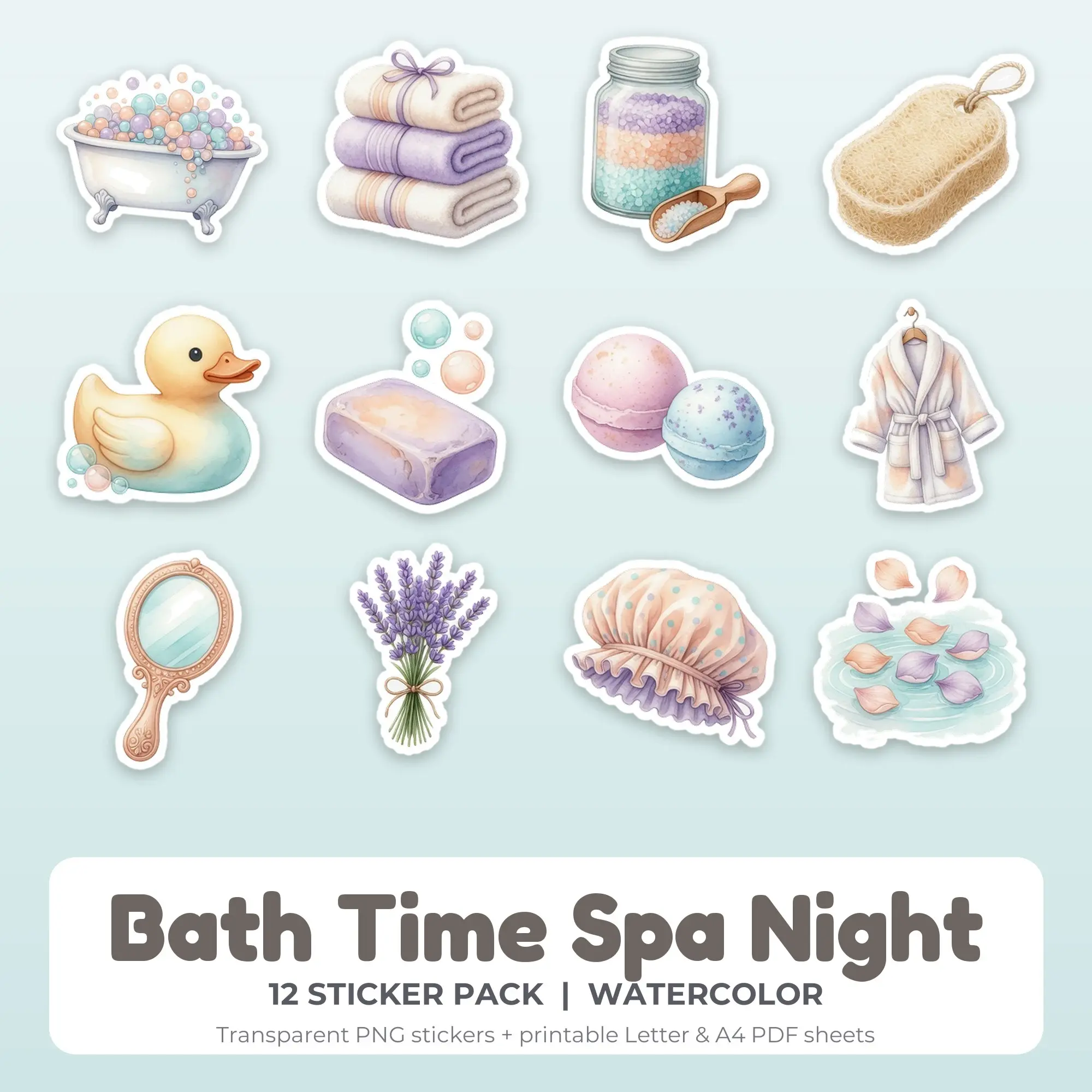 12 Bath Time Spa Night Stickers - Printable Sticker Sheet PDF preview