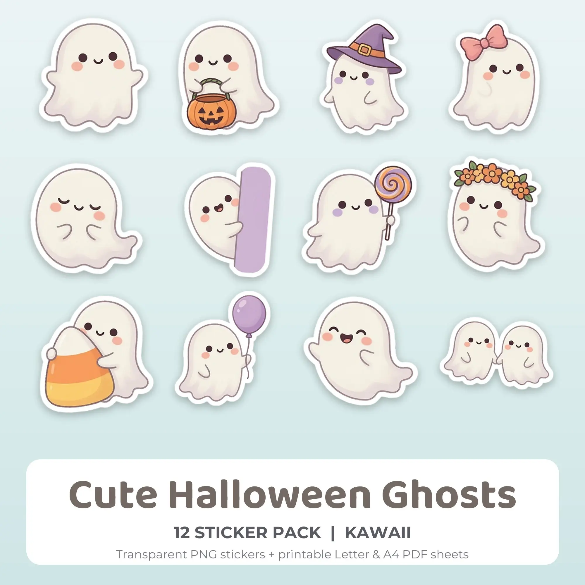 Cute Halloween Ghosts Printable Stickers - 12 Die-Cut PNG + PDF preview