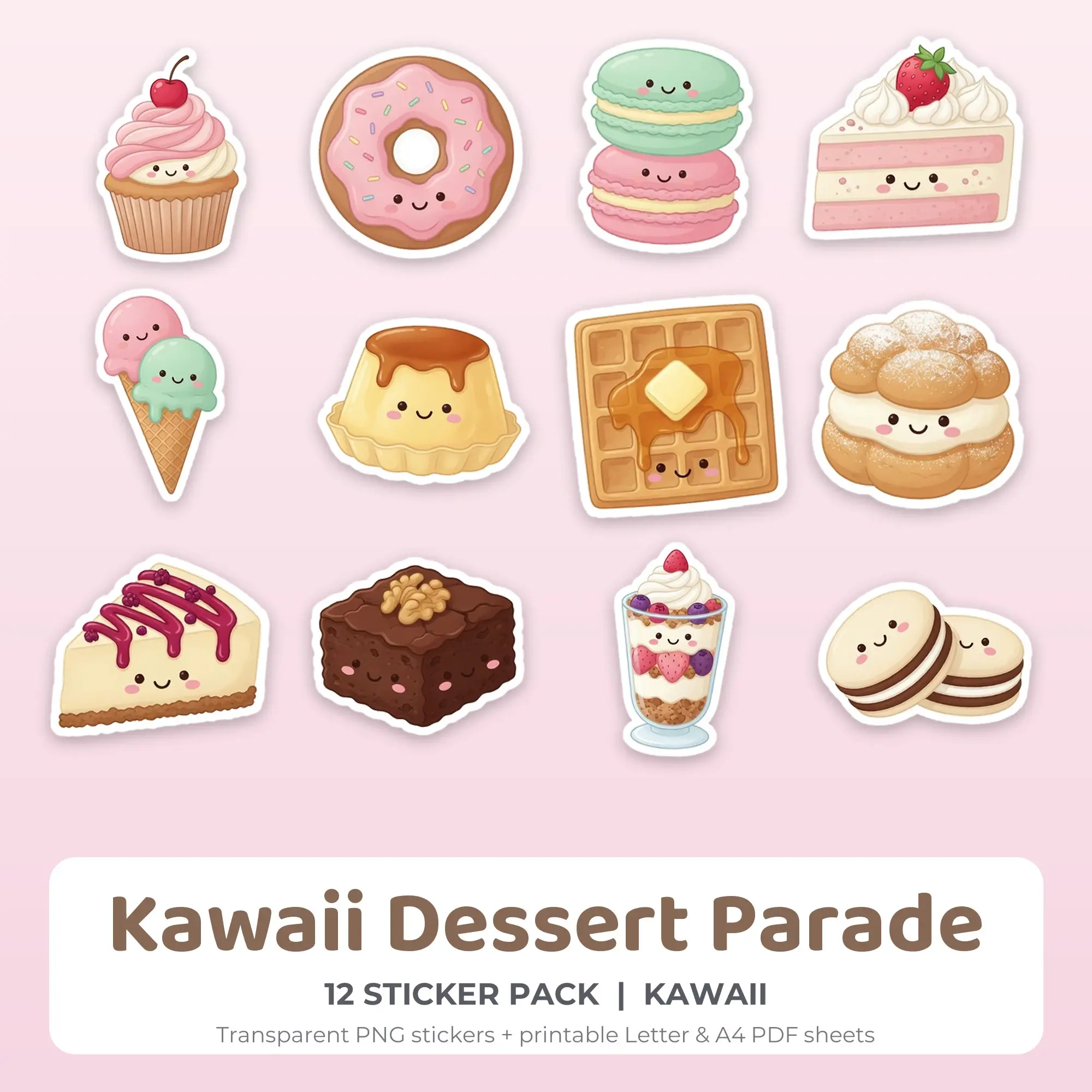 Kawaii Dessert Parade Stickers, 12 PNG + Printable PDF Sheet preview