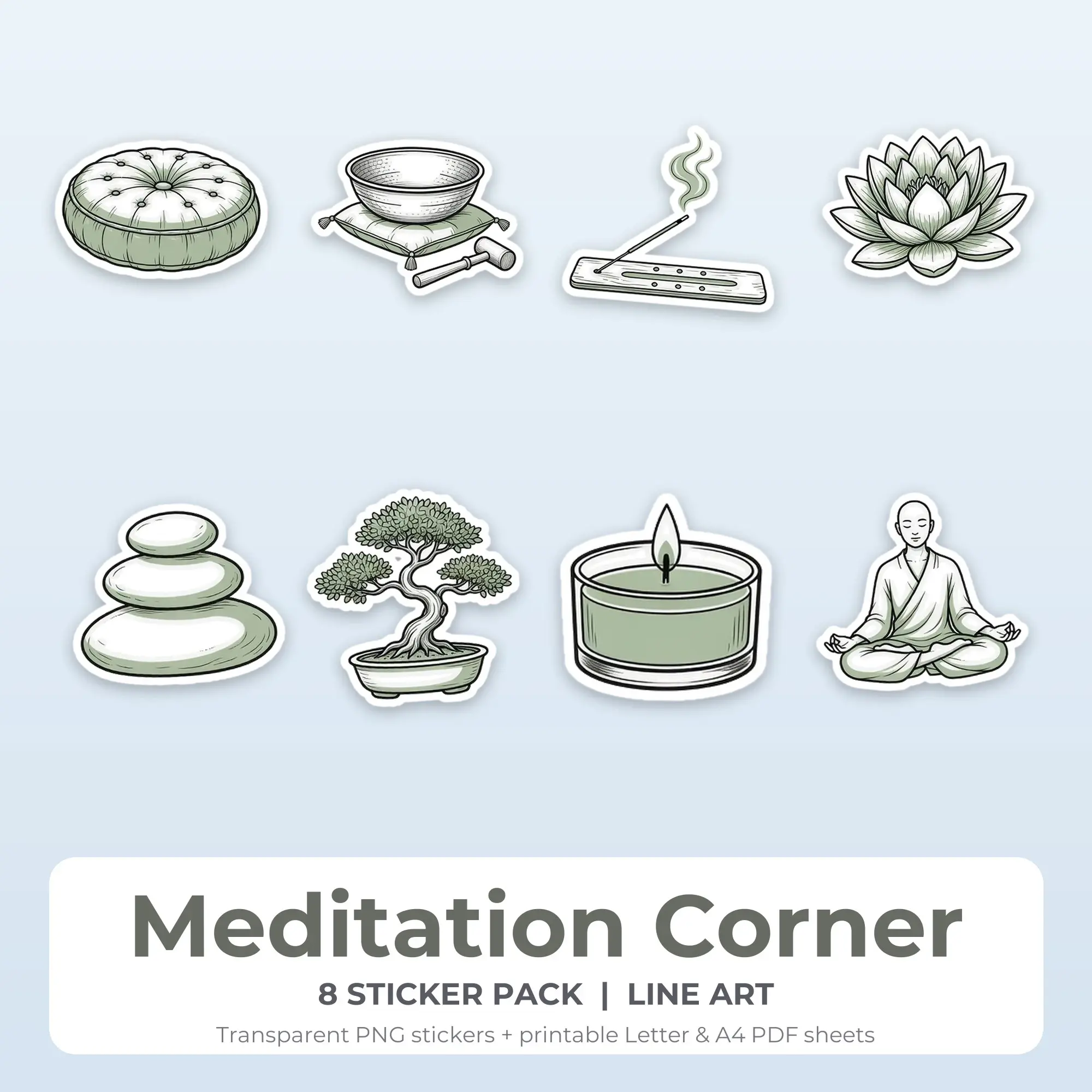 Line Art Meditation Corner Sticker Set - 8 Printable PNG preview