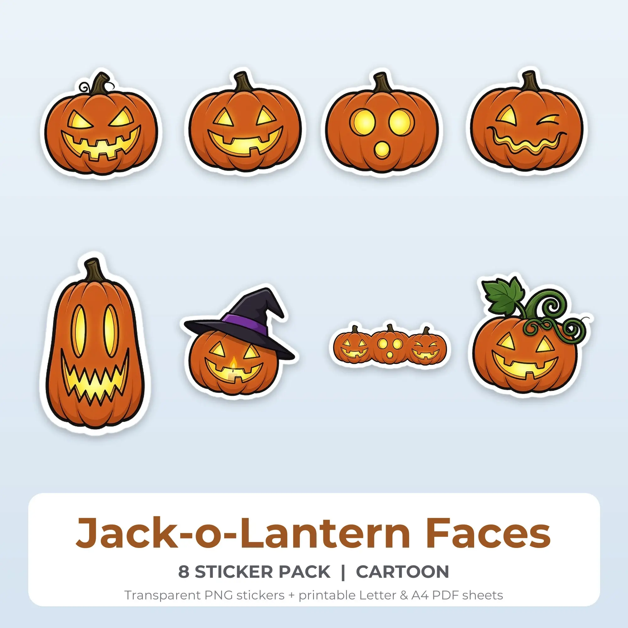 Jack-o-Lantern Faces Stickers, 8 PNG + Printable PDF Sheet preview