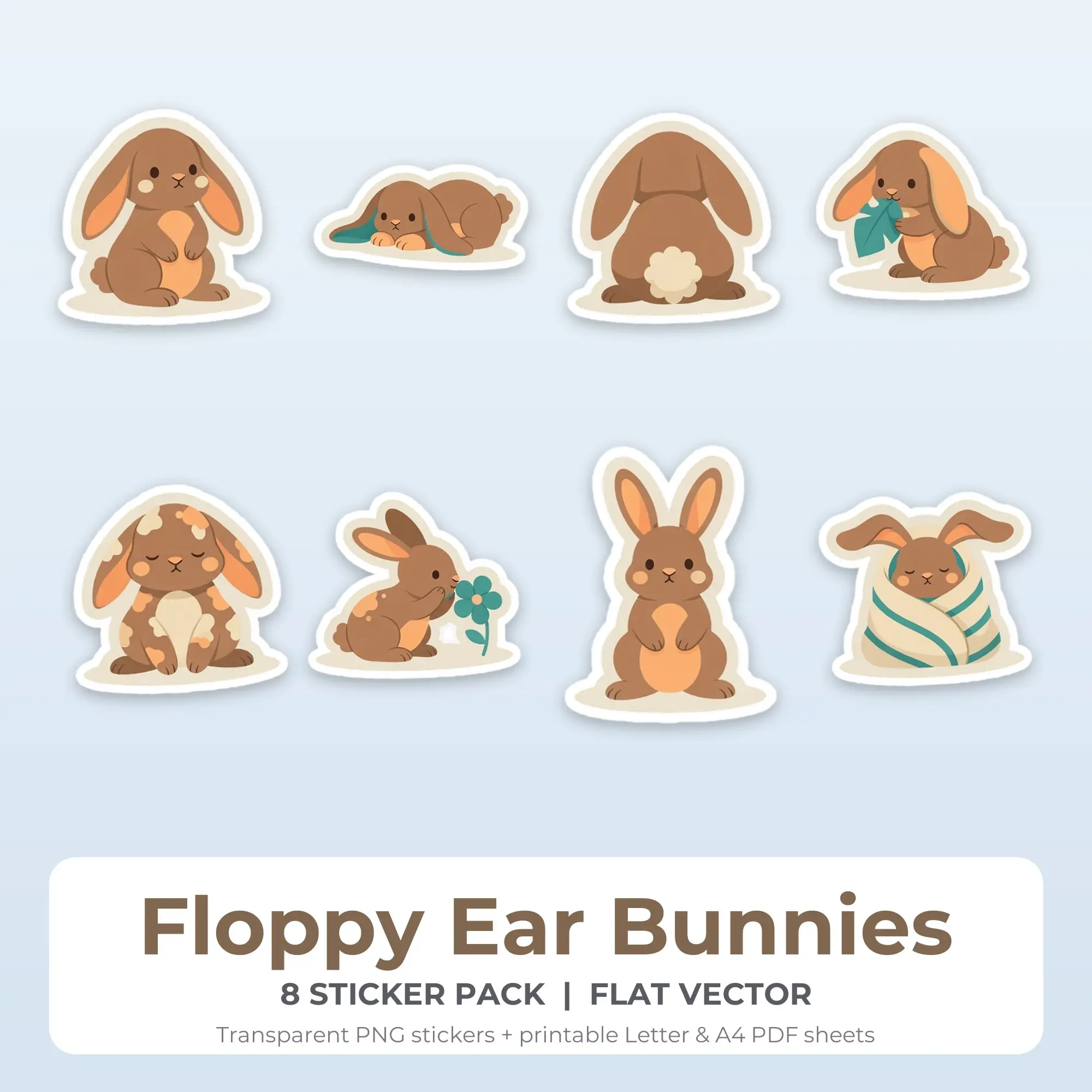 Floppy Ear Bunnies Stickers, 8 PNG + Printable PDF Sheet preview