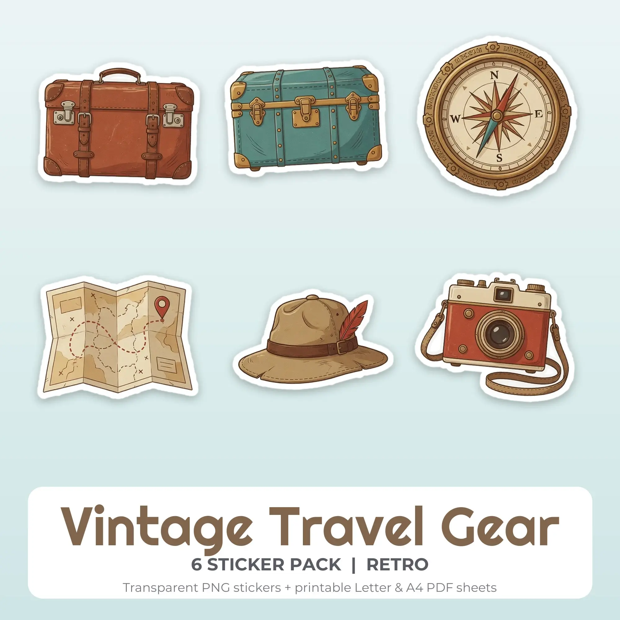 Vintage Travel Gear Sticker Pack - 6 Printable Stickers preview