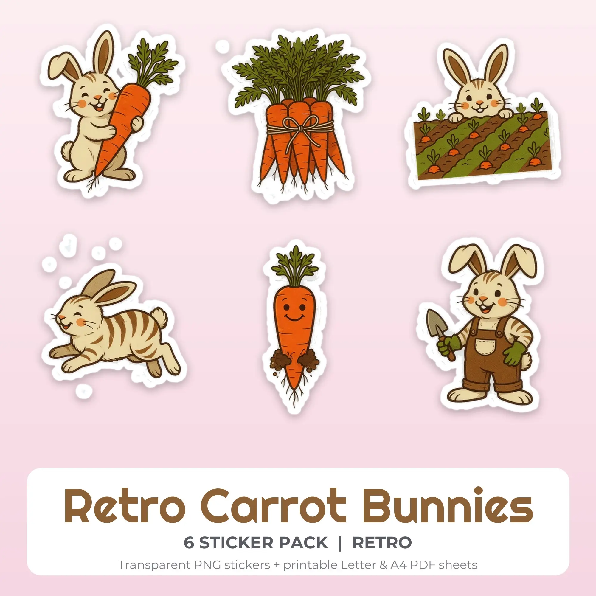 Retro Carrot Bunnies Stickers, 6 PNG + Printable PDF Sheet preview