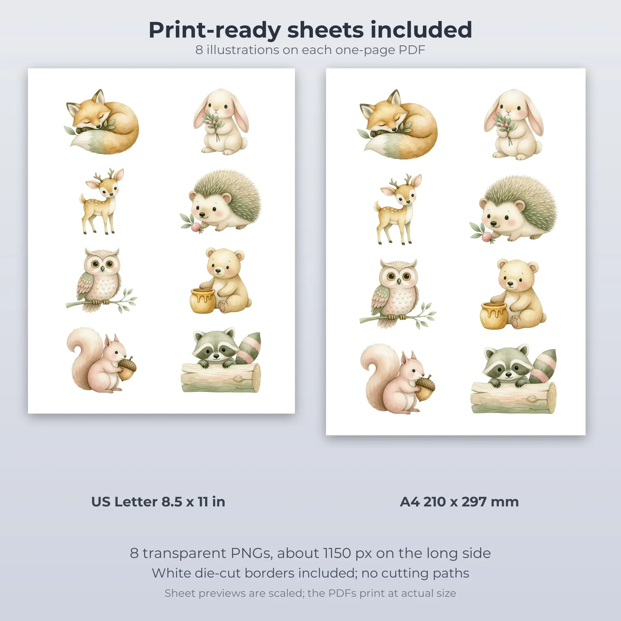 Woodland Nursery Animals Stickers, 8 PNG + Printable PDF Sheet, preview 2 of 2