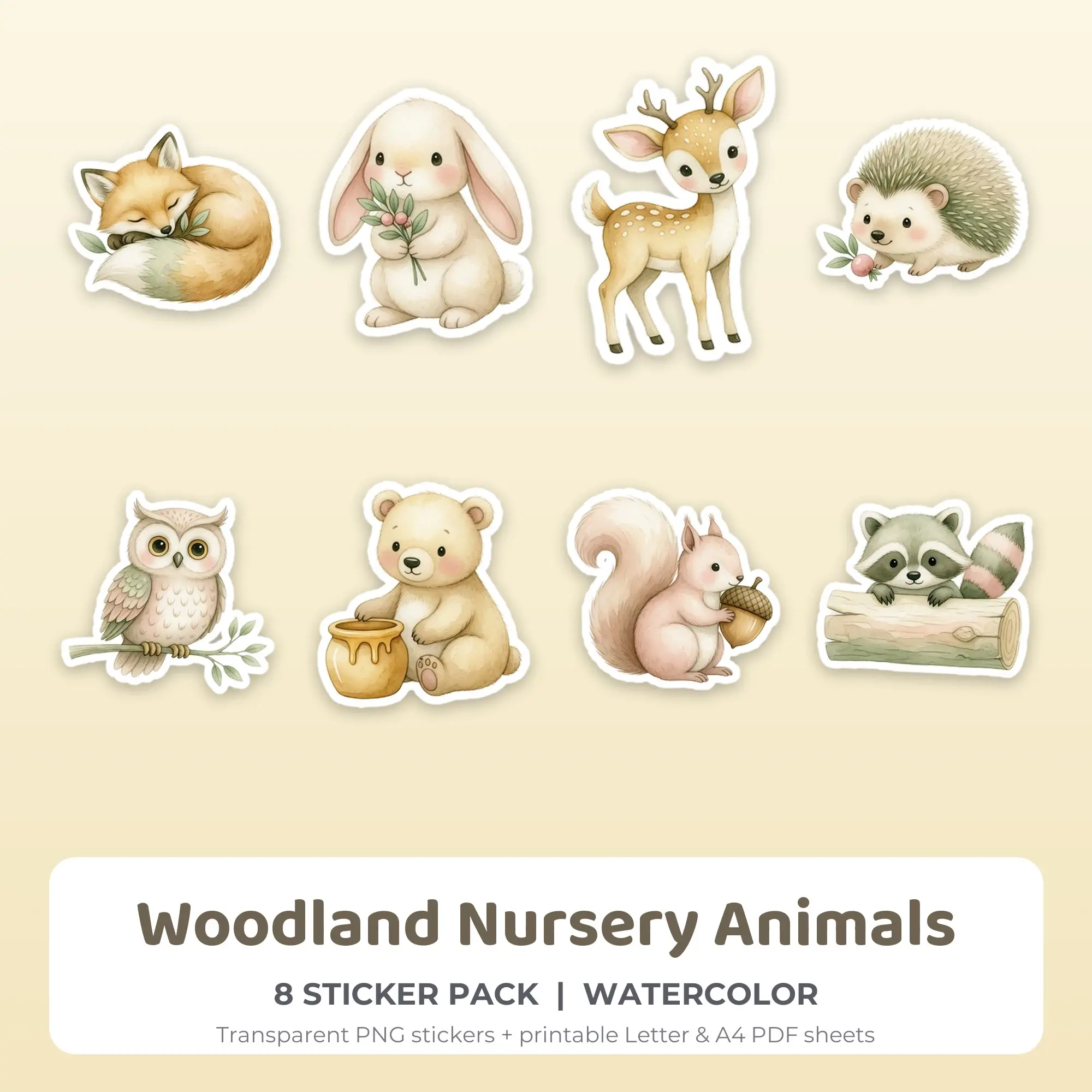 Woodland Nursery Animals Stickers, 8 PNG + Printable PDF Sheet, preview 1 of 2