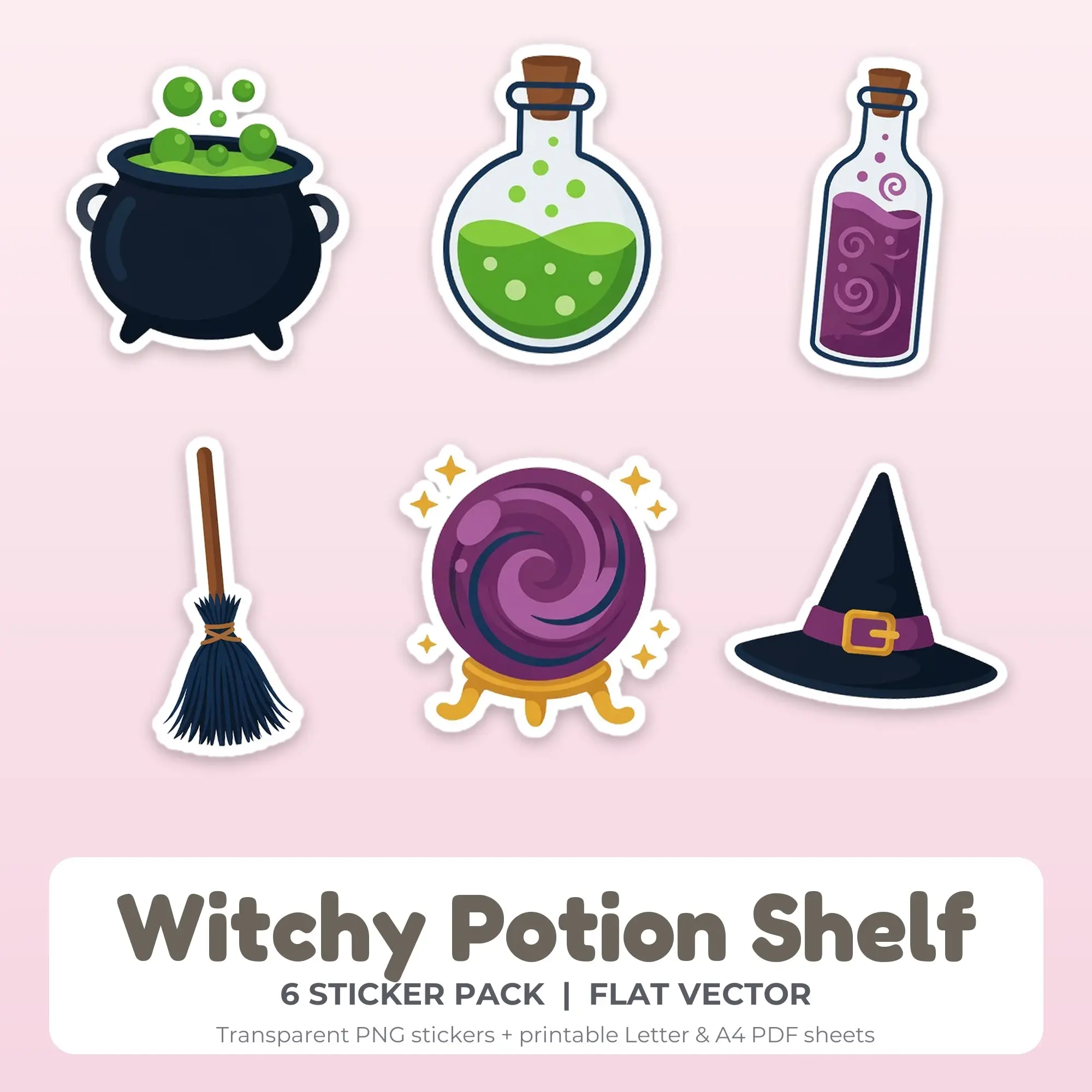 Printable Witchy Potion Shelf Sticker Pack, Flat Vector Style - 6 PNG preview