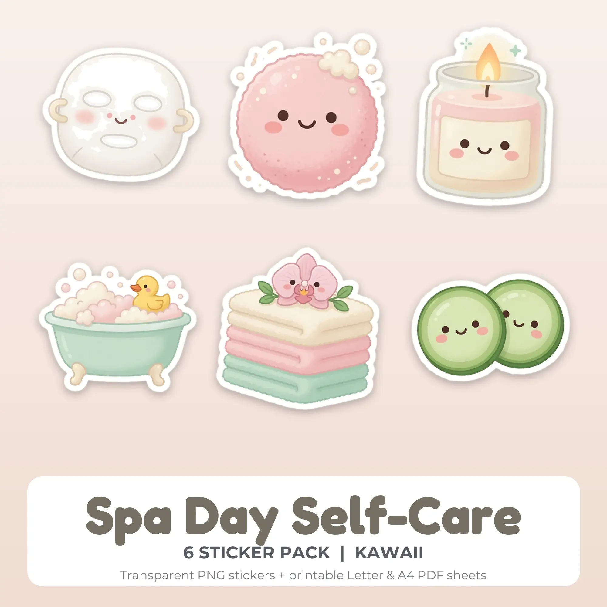Kawaii Spa Day Self-Care Sticker Set - 6 Printable PNG preview