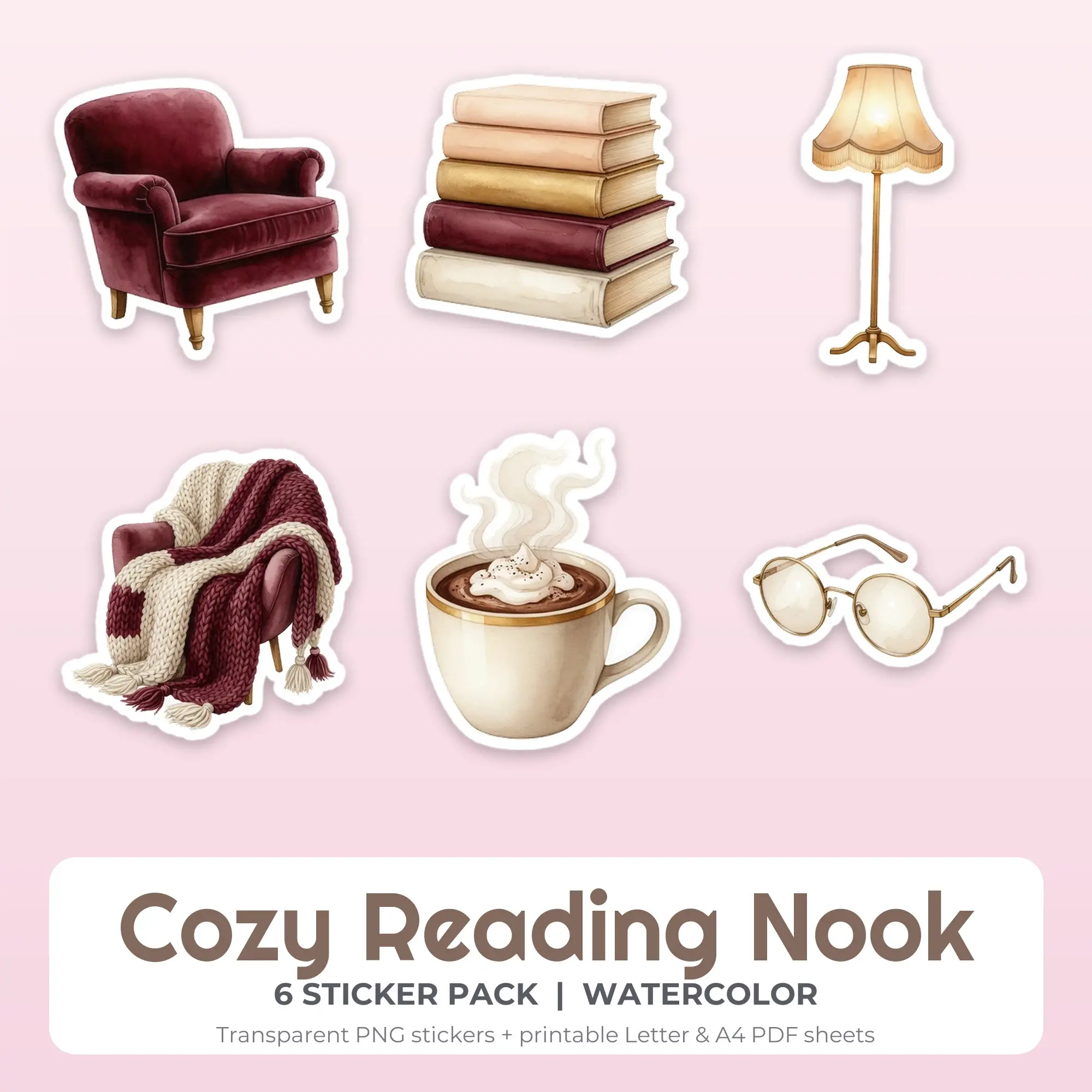Cozy Reading Nook Printable Stickers - 6 Die-Cut PNG + PDF preview