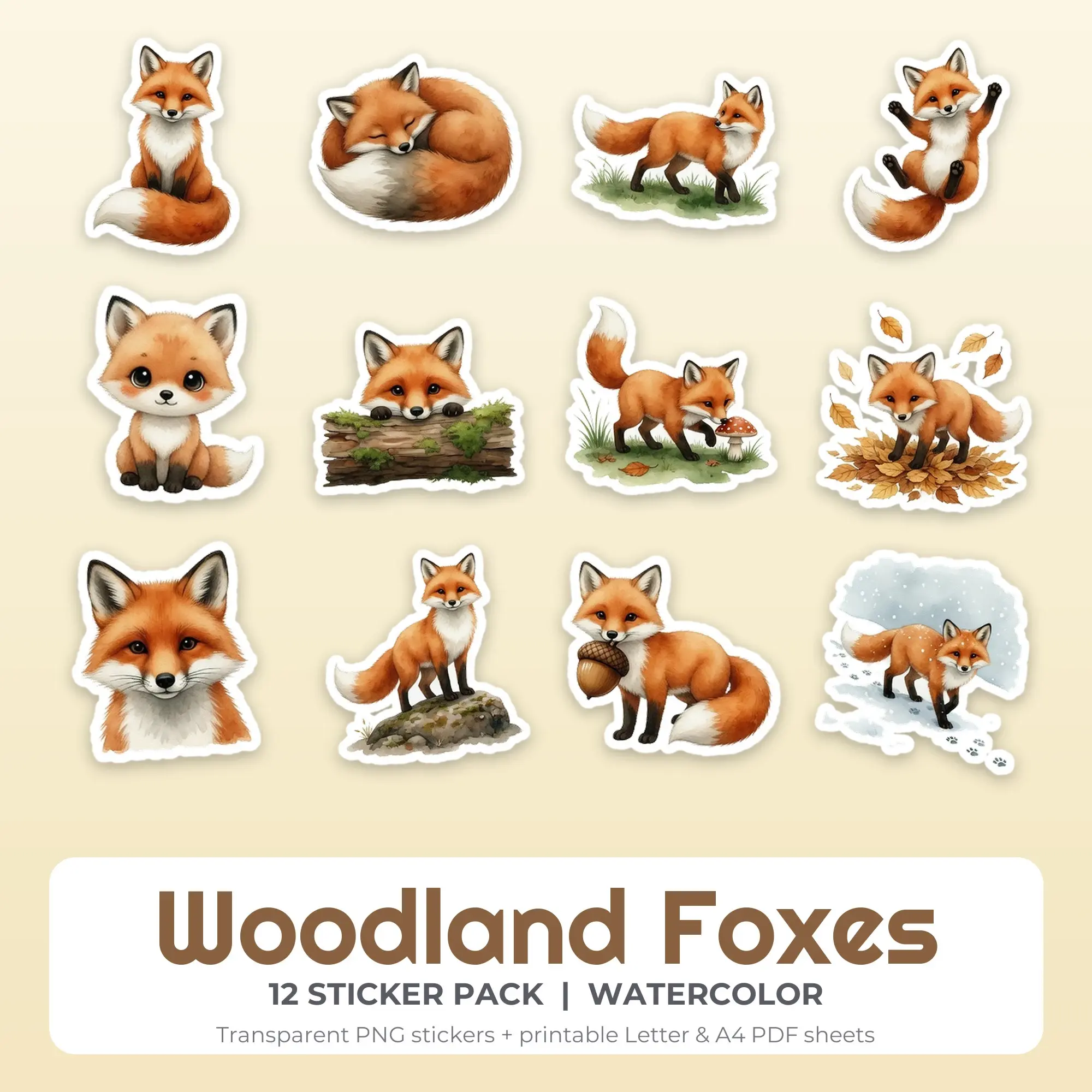 Watercolor Woodland Foxes Sticker Set - 12 Printable PNG, preview 1 of 2