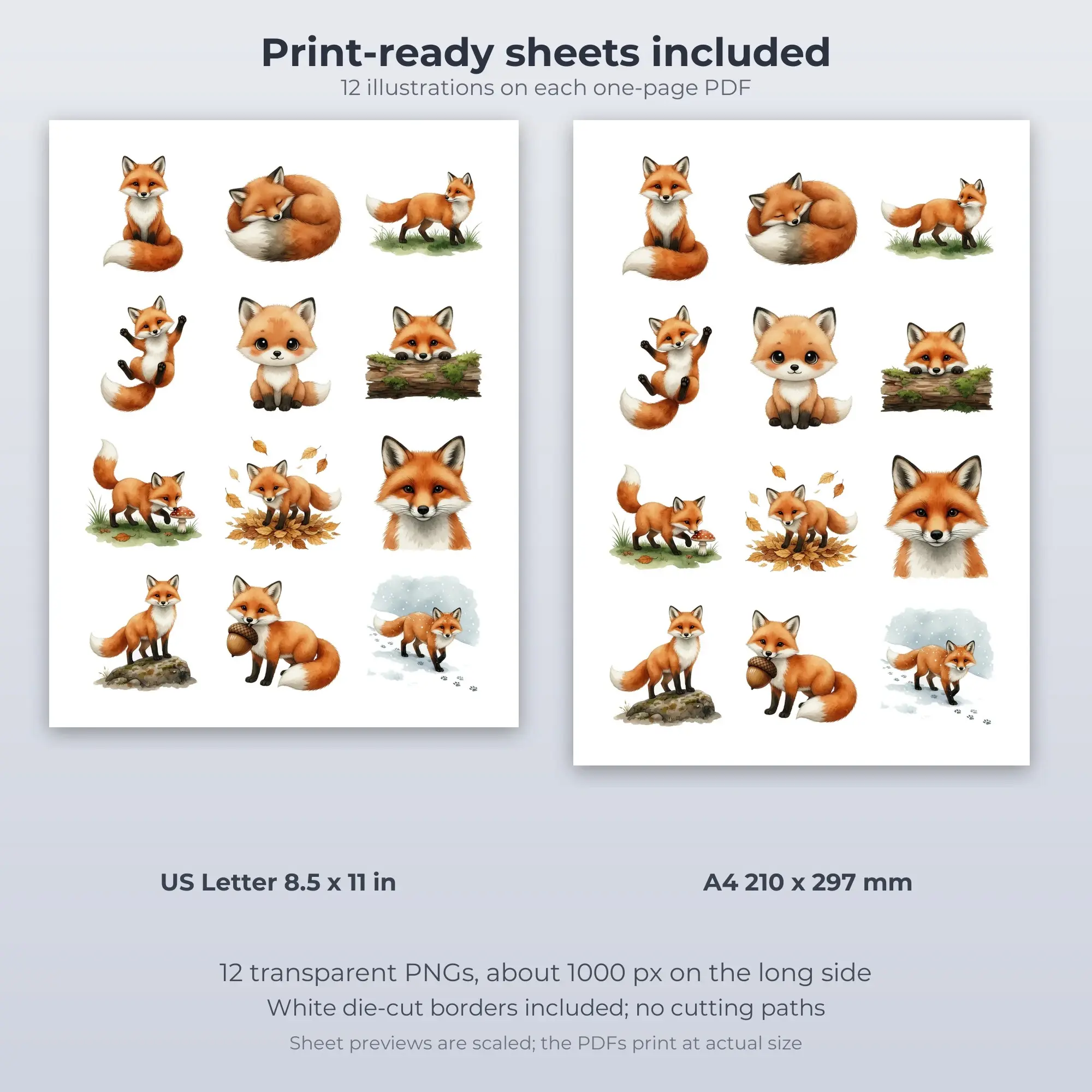 Watercolor Woodland Foxes Sticker Set - 12 Printable PNG, preview 2 of 2