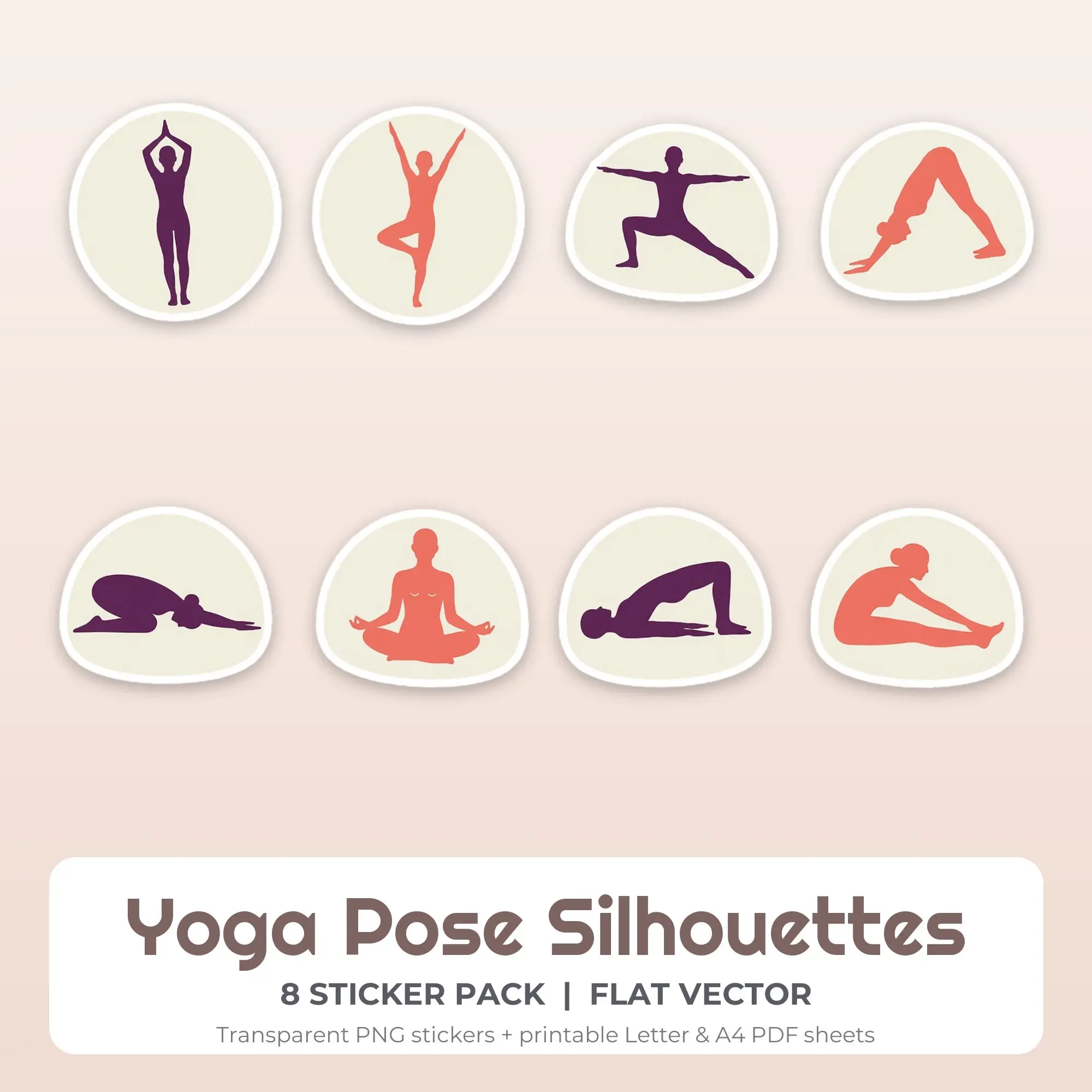 Yoga Pose Silhouettes Sticker Pack - 8 Printable Stickers preview