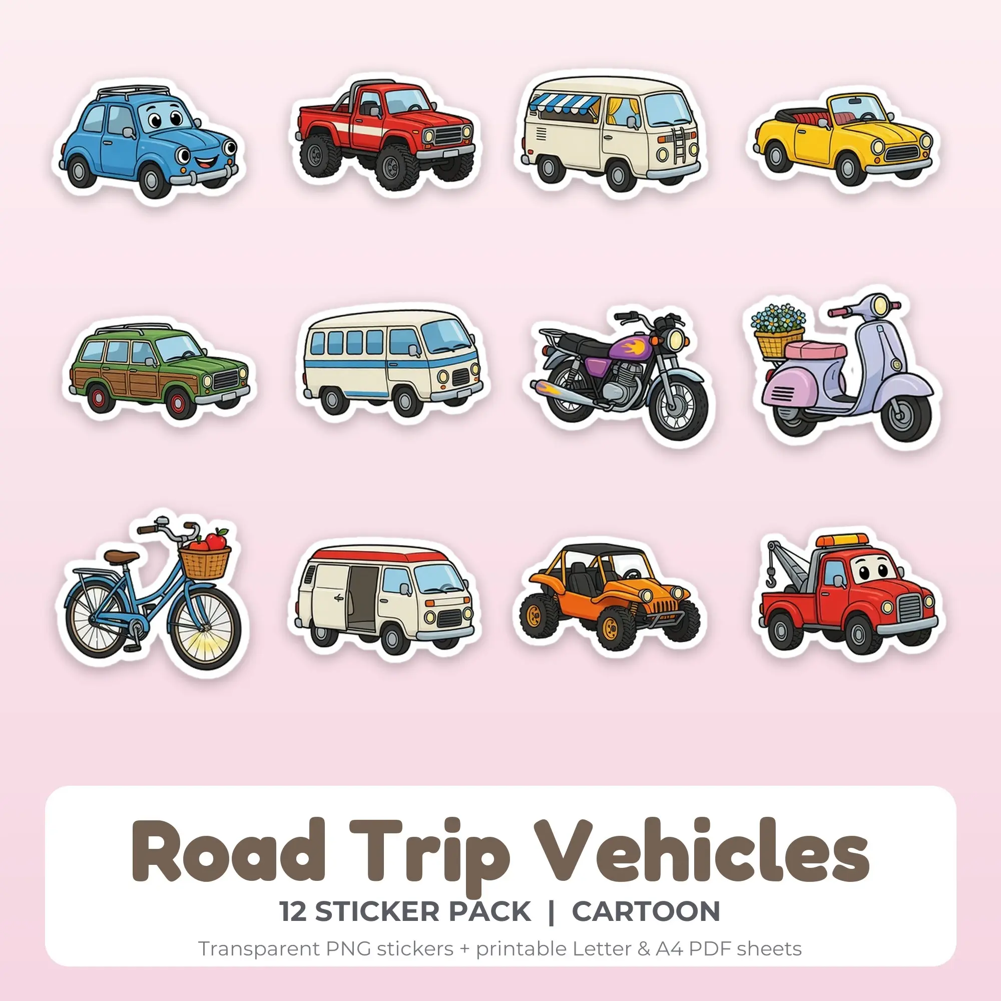 Road Trip Vehicles Printable Stickers - 12 Die-Cut PNG + PDF preview