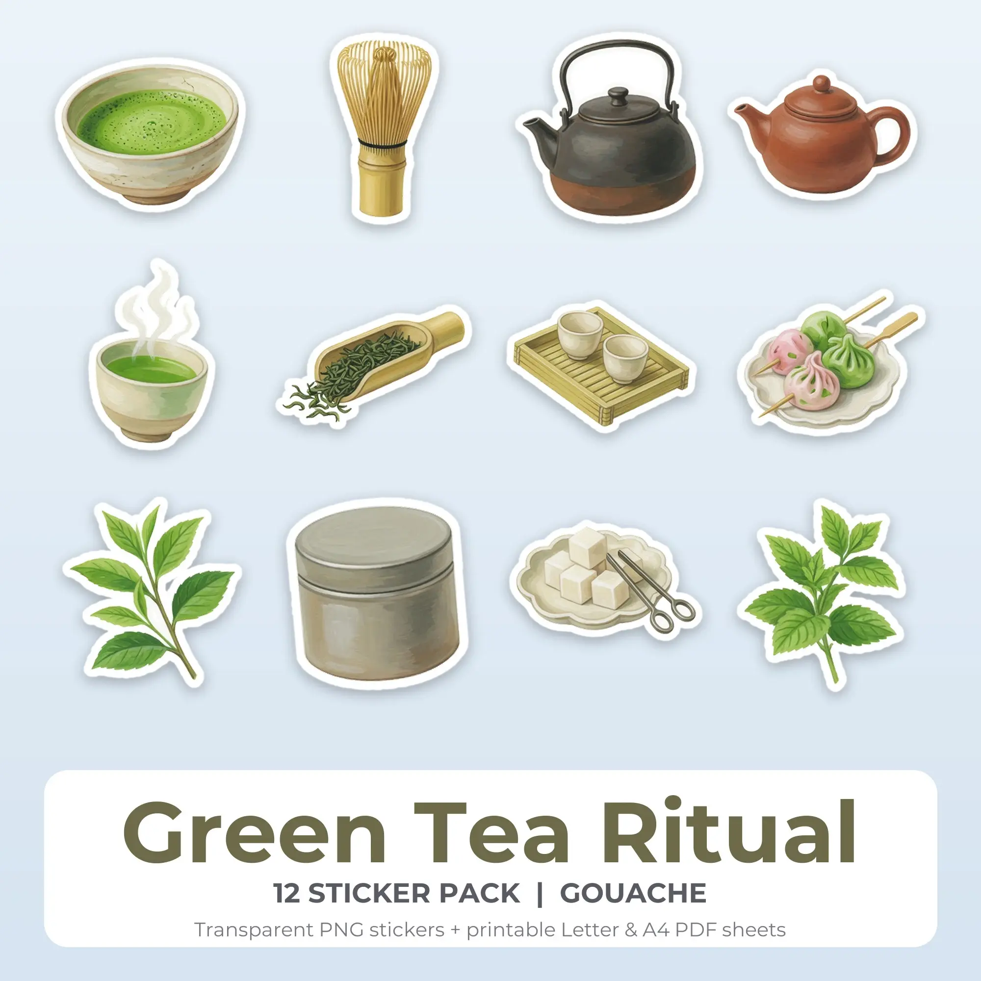 Green Tea Ritual Printable Stickers - 12 Die-Cut PNG + PDF preview