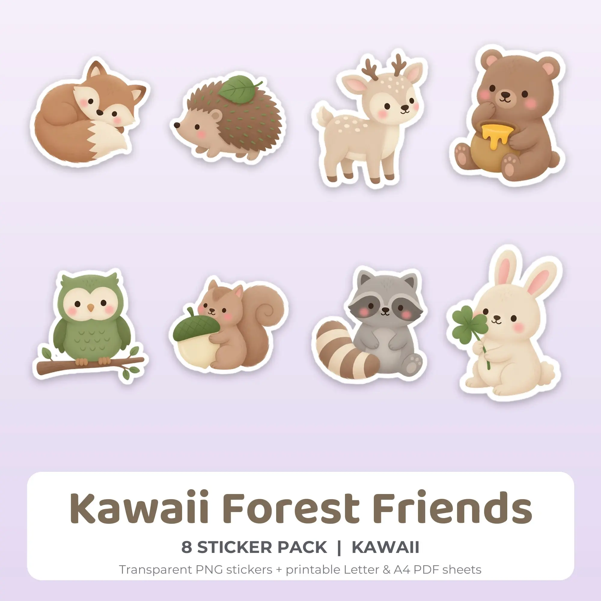 8 Kawaii Forest Friends Stickers - Printable Sticker Sheet PDF preview