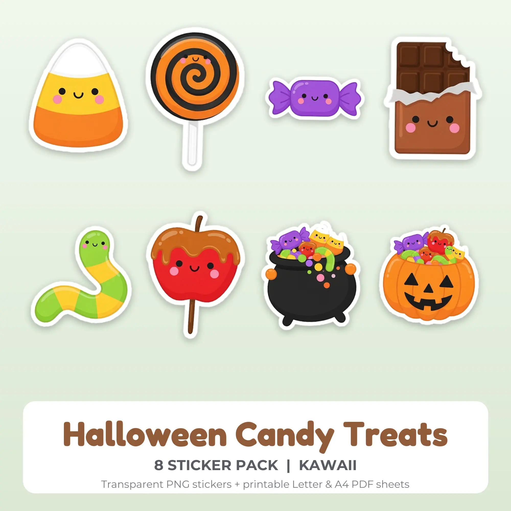 Halloween Candy Treats Printable Stickers - 8 Die-Cut PNG + PDF, preview 1 of 2