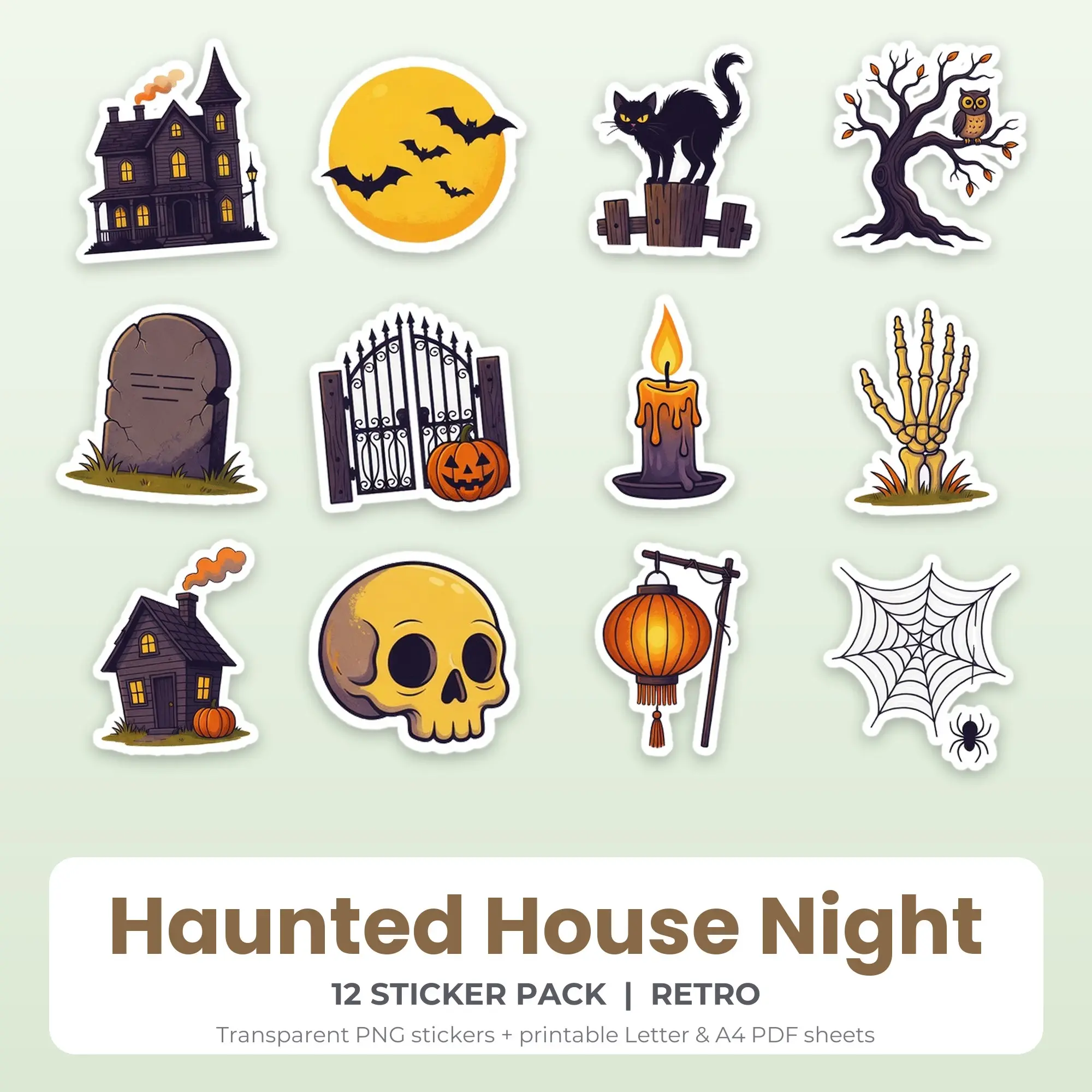 Haunted House Night Printable Stickers - 12 Die-Cut PNG + PDF preview