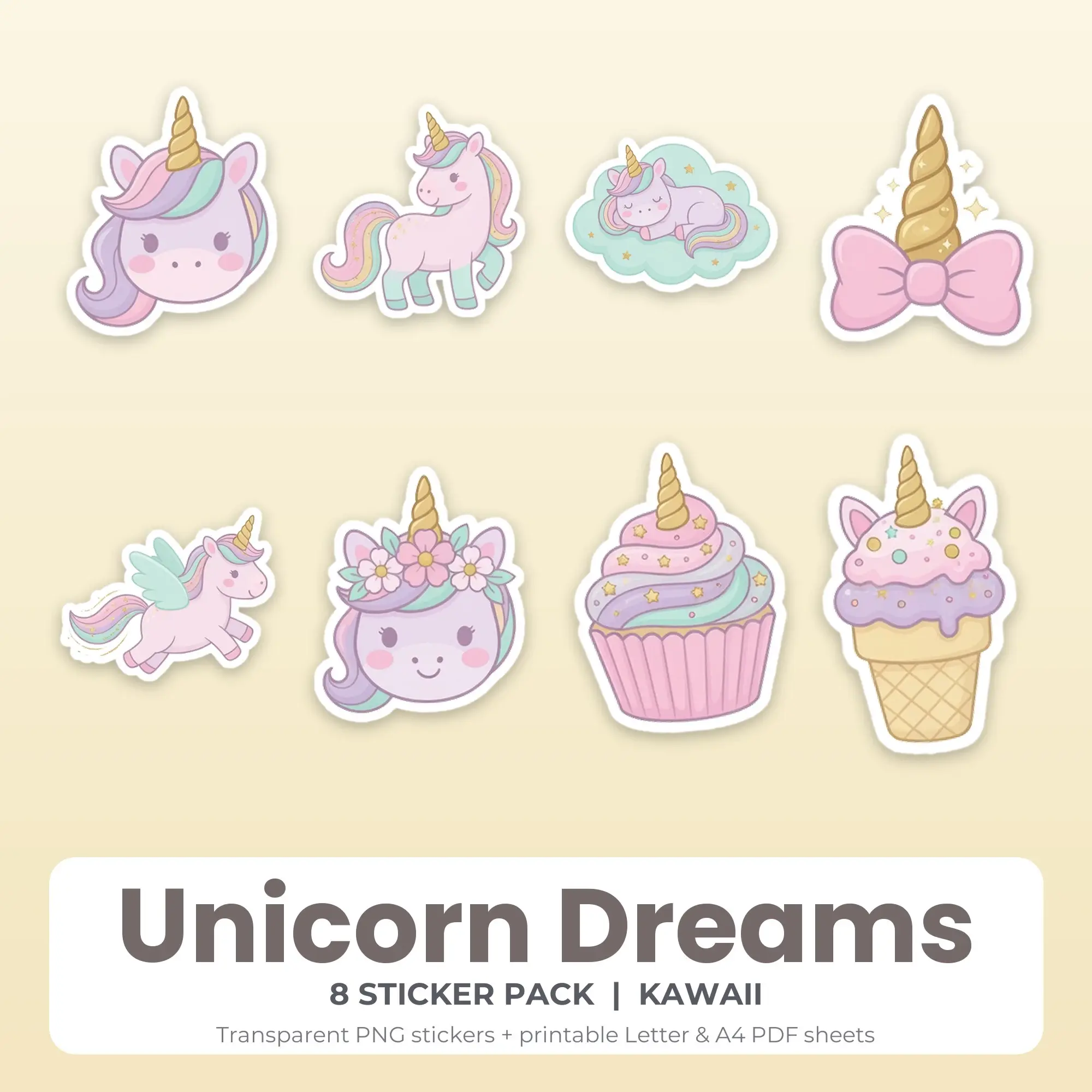 Printable Unicorn Dreams Sticker Pack, Kawaii Style - 8 PNG preview