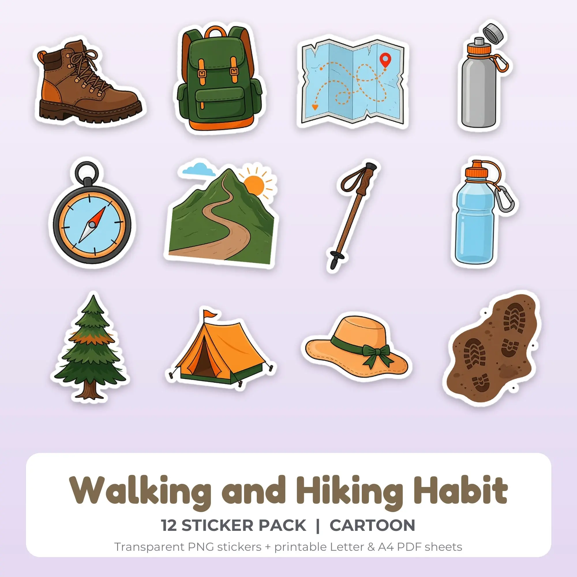 Walking and Hiking Habit Stickers, 12 PNG + Printable PDF Sheet preview
