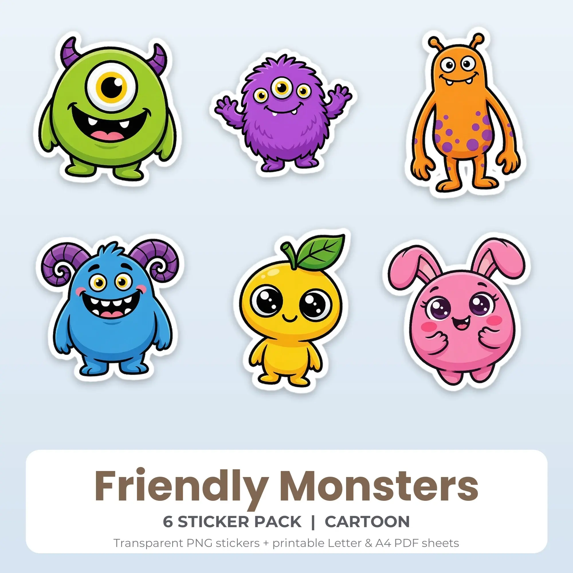 Friendly Monsters Sticker Pack - 6 Printable Stickers preview