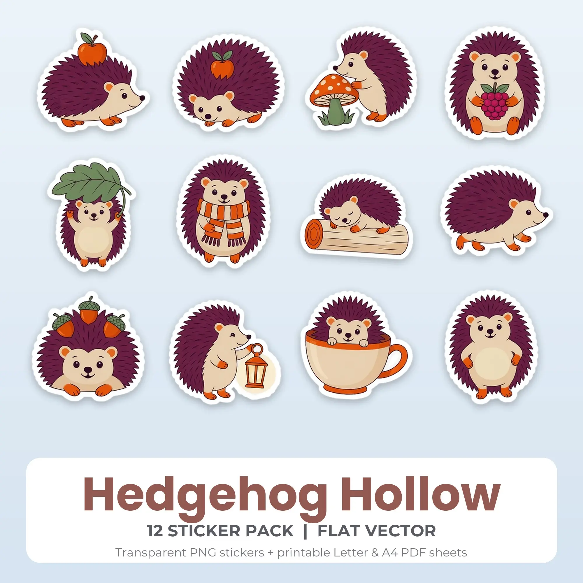 Printable Hedgehog Hollow Sticker Pack, Flat Vector Style - 12 PNG preview