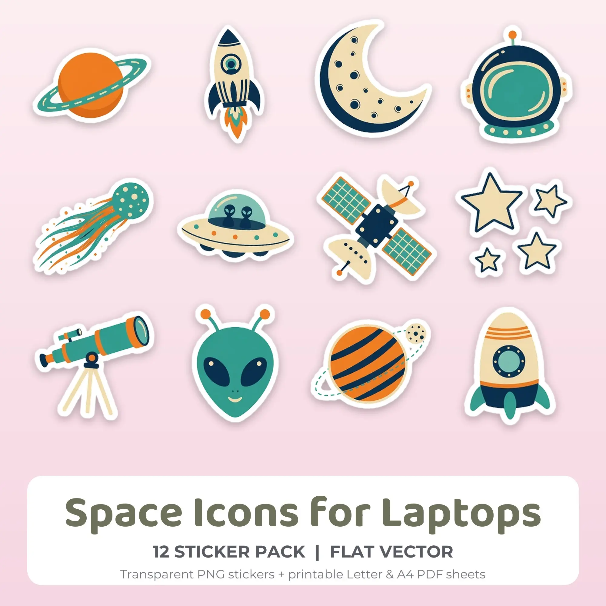 Flat Vector Space Icons for Laptops Sticker Set - 12 Printable PNG preview