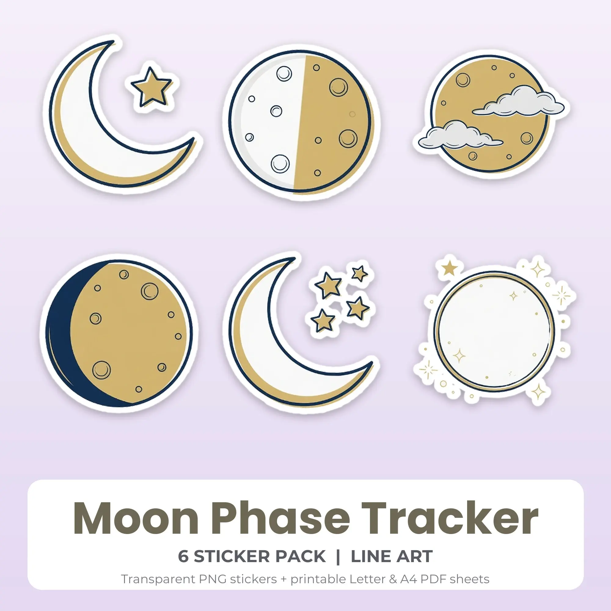 Printable Moon Phase Tracker Sticker Pack, Line Art Style - 6 PNG preview