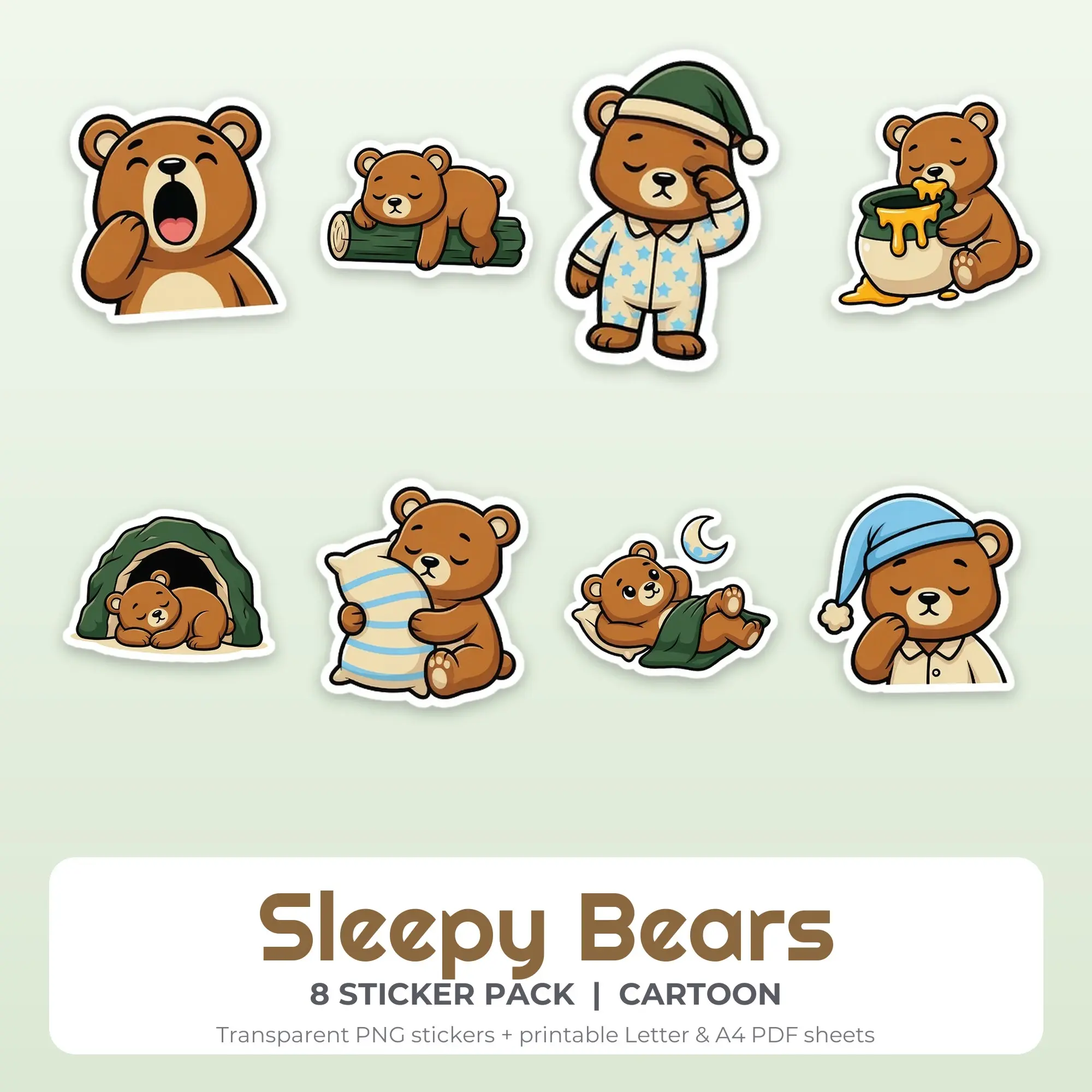 Sleepy Bears Sticker Pack - 8 Printable Stickers preview